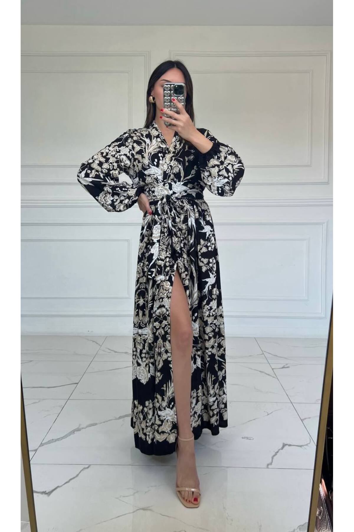 My Blog Black Patterned Slit Long Dress - 2Y296122