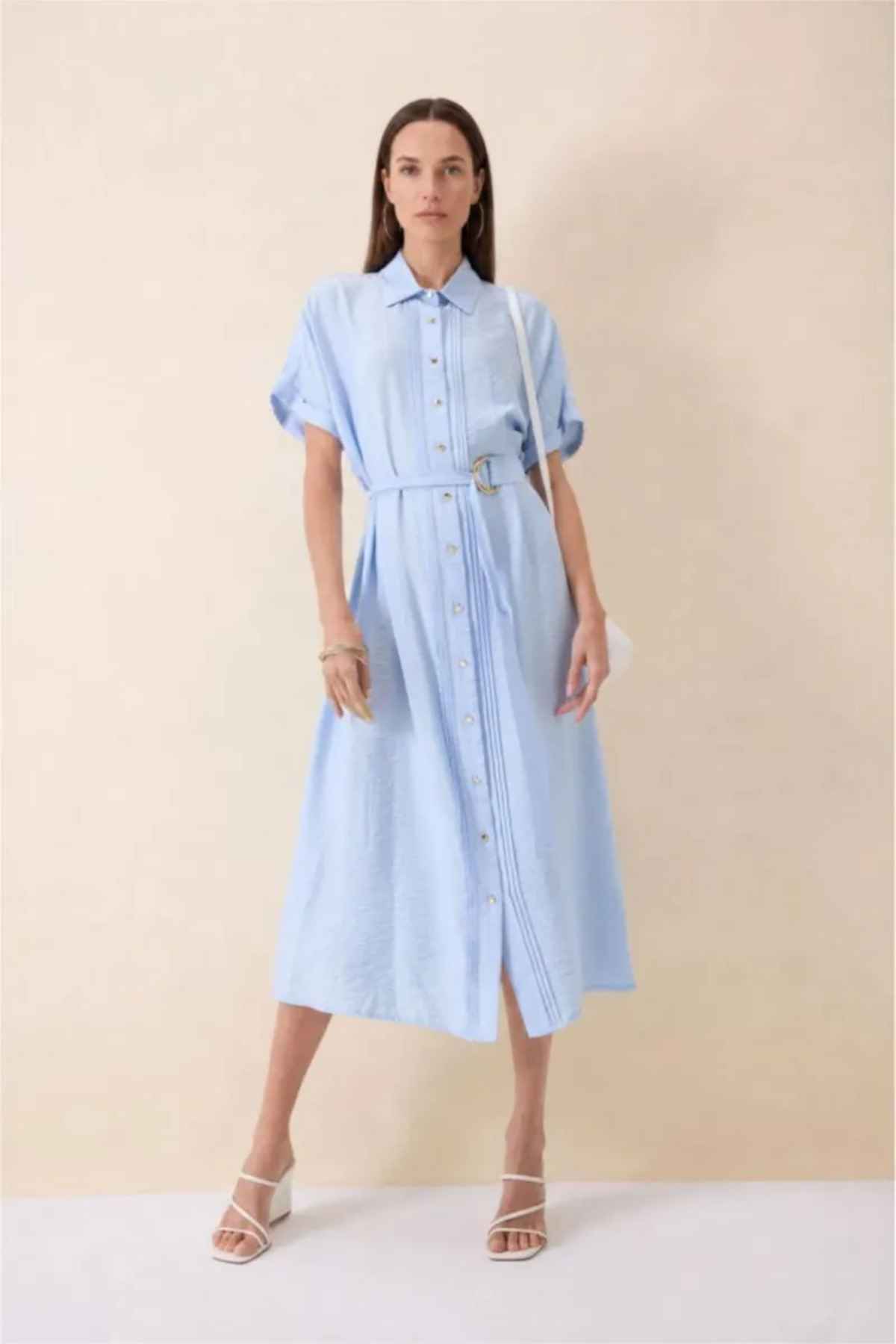 Defacto A-Line Shirt Collar Batwing Sleeve Light Blue Midi Dress H3364Ax26Sm