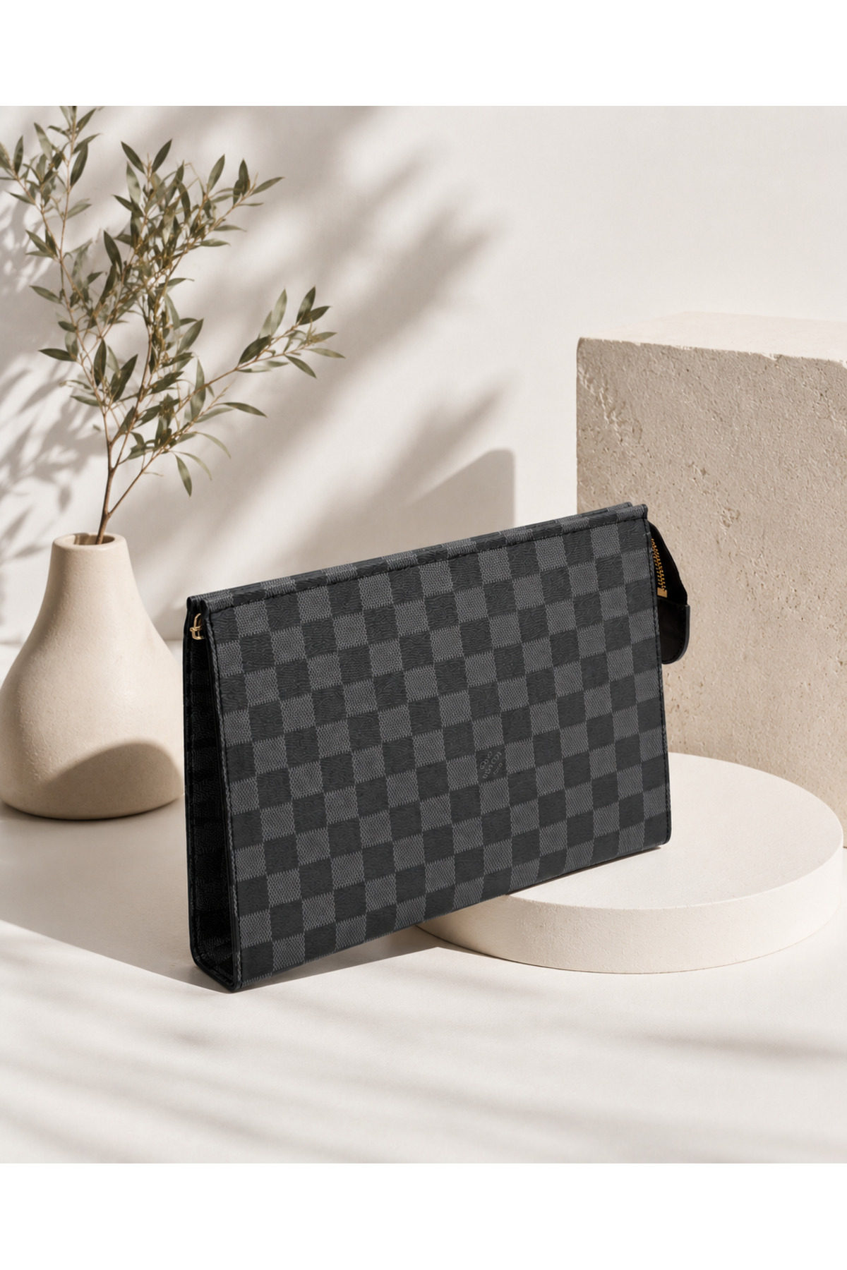 DİAMOND OUTLET Erkek Kare Desenli El Portföy Çantası Fermuarlı Büyük Boy Evrak Tablet Organizer Clutch Çanta