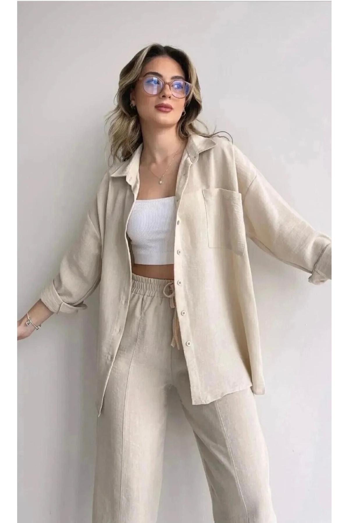 ginger love Women's Beige Linen Look Shirt and Wide-Leg Pants 2-Piece Set