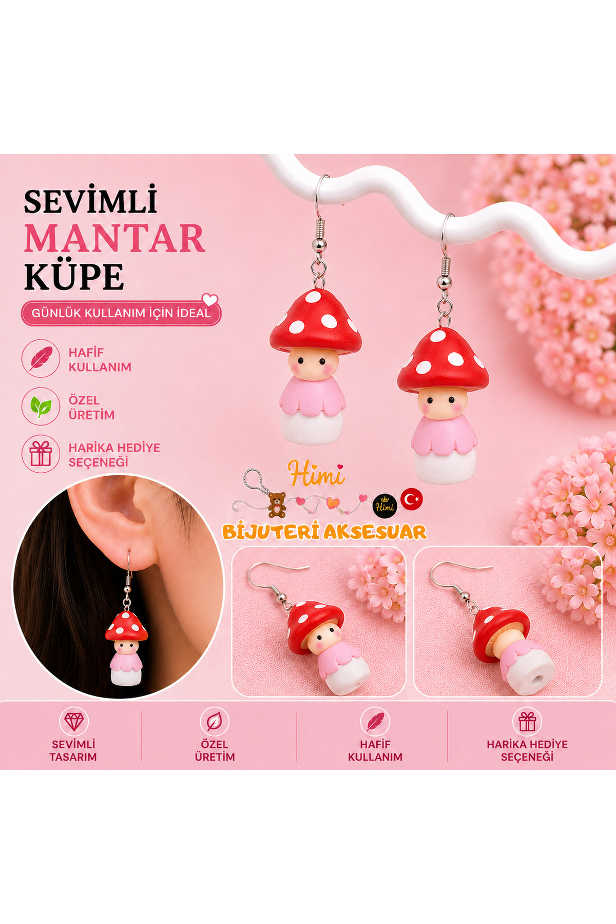 Sevimli İnsan Mantar Figürlü Sallantılı Küpe Hafif Tasarım Günlük Kullanım Bijuteri Çocuk Küpesi