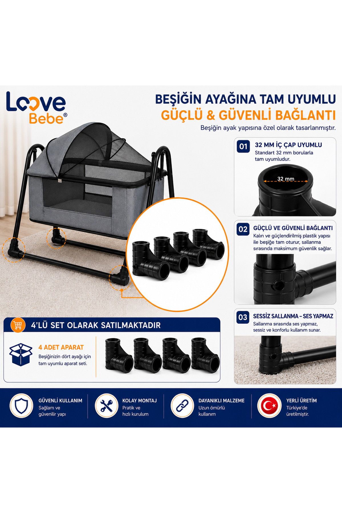32 Lik 4 AdetKalın borulu Plastik Bebek Beşik Ayağı Salıncak Ayağı Boru Birleştirme ayak
