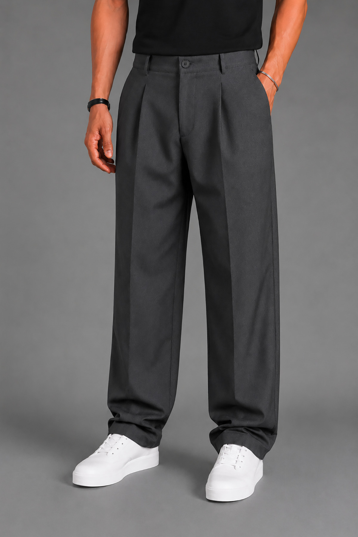 Montivo Men's Anthracite Gray Modern Cut Pleated Wide Leg Fabric Trousers
