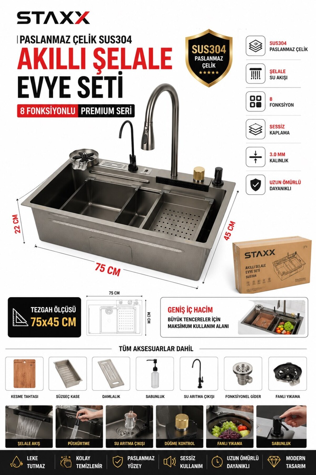 BidoluGaraj SUS304 Paslanmaz Çelik Akıllı Şelale Mutfak Evyesi 75x45 cm – 8 Fonksiyonlu Ankastre Evye Seti