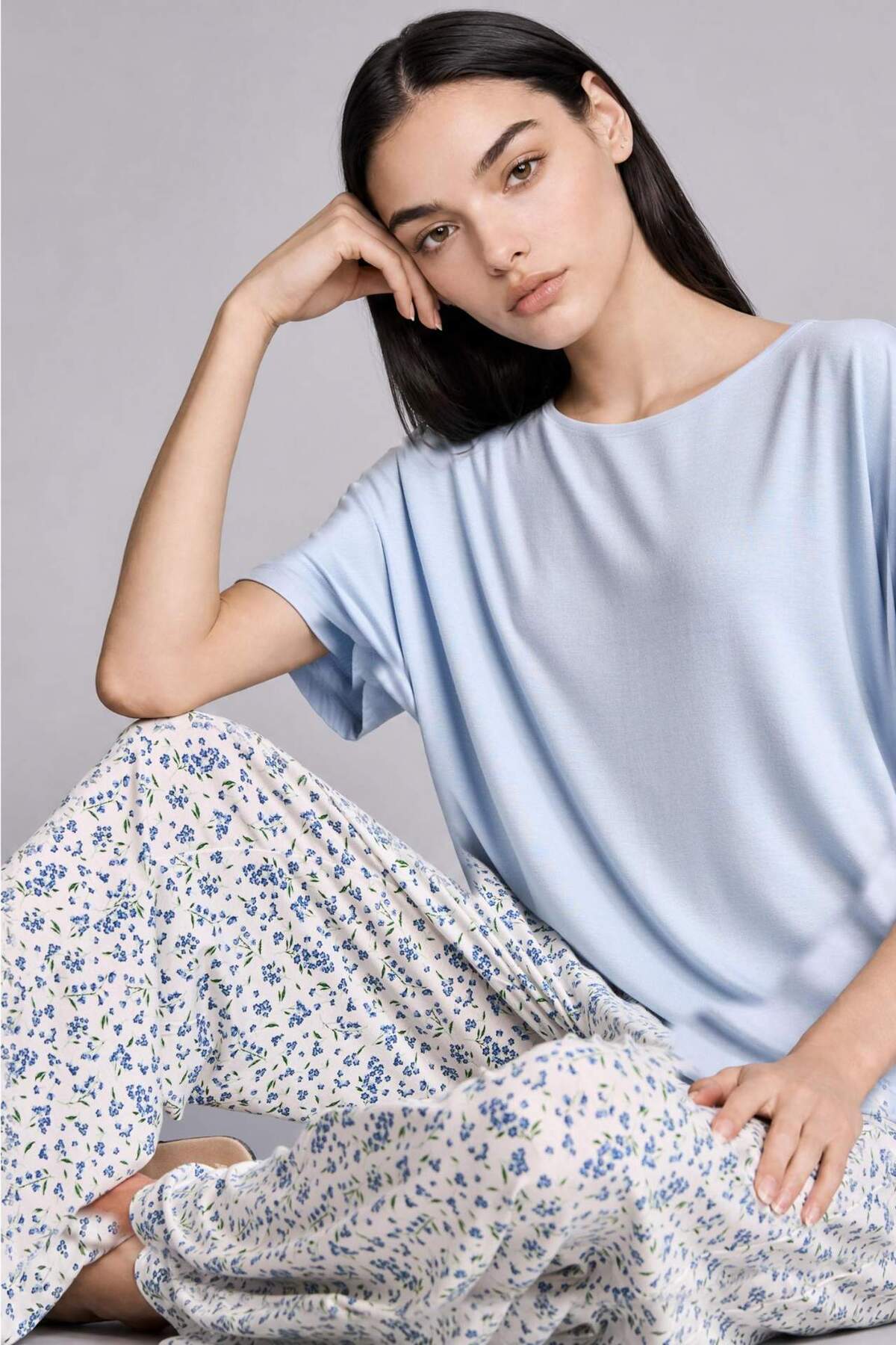Defacto Regular Fit Short Sleeve 2-Piece Light Blue Pajama Set H8184Ax26Sm