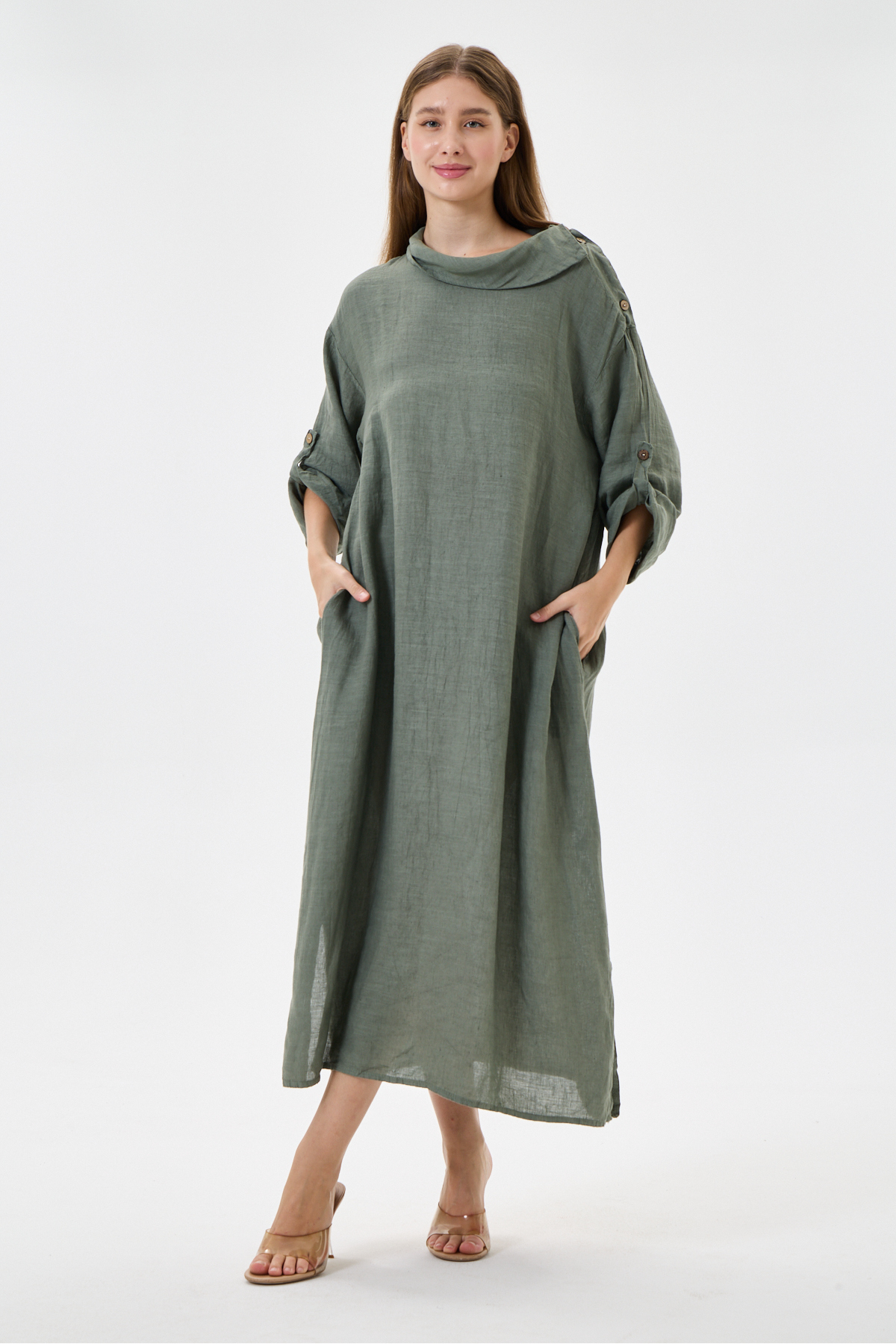della moor Khaki Italian 100% Linen Degaje Collar Folded Long Sleeve Long Linen Dress 38 - 44 Size