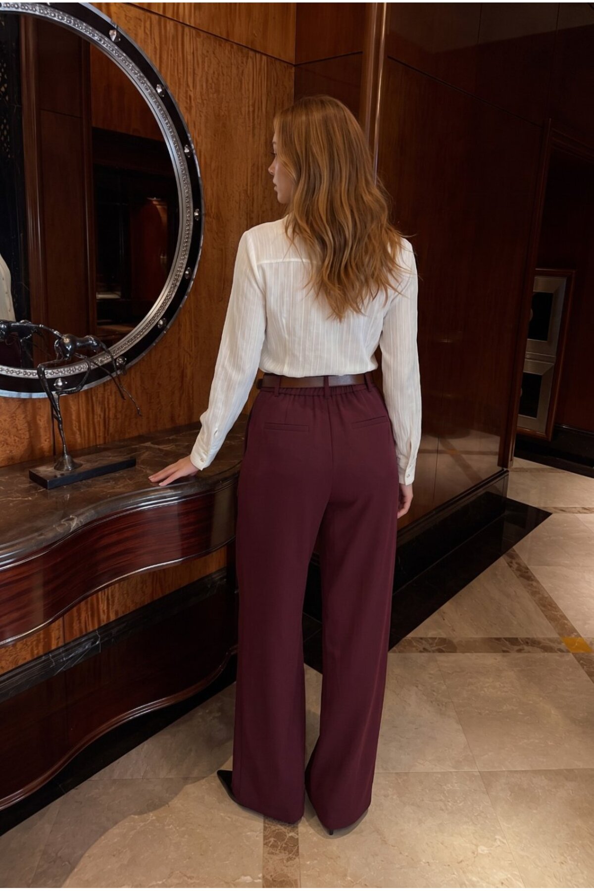 Kemerli Oversize Geniş Paça Palazzo Kumaş Pantolon BORDO 7
