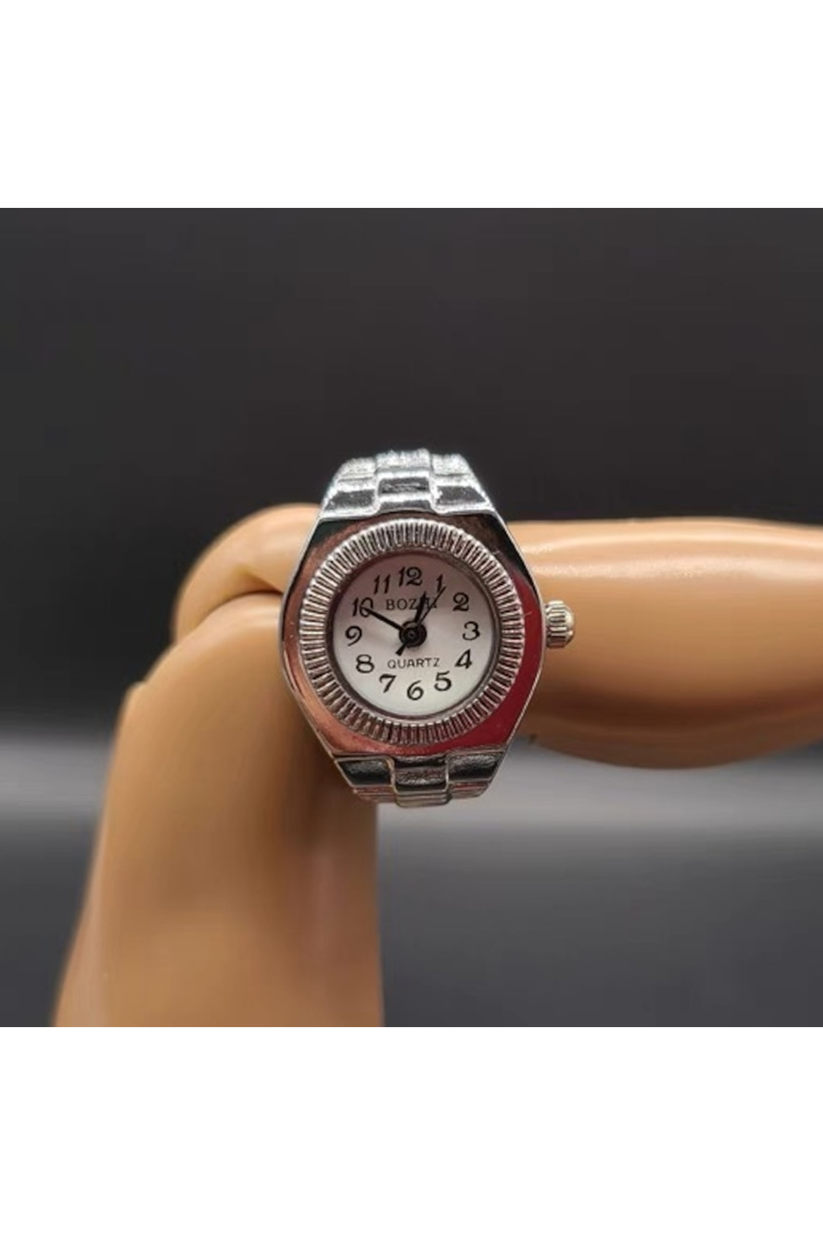 Bozhi Mini Parmak Yüzük Saat, Kuvars Analog Metal Kordon Unisex (Siyah & Beyaz Kadran) görsel 5