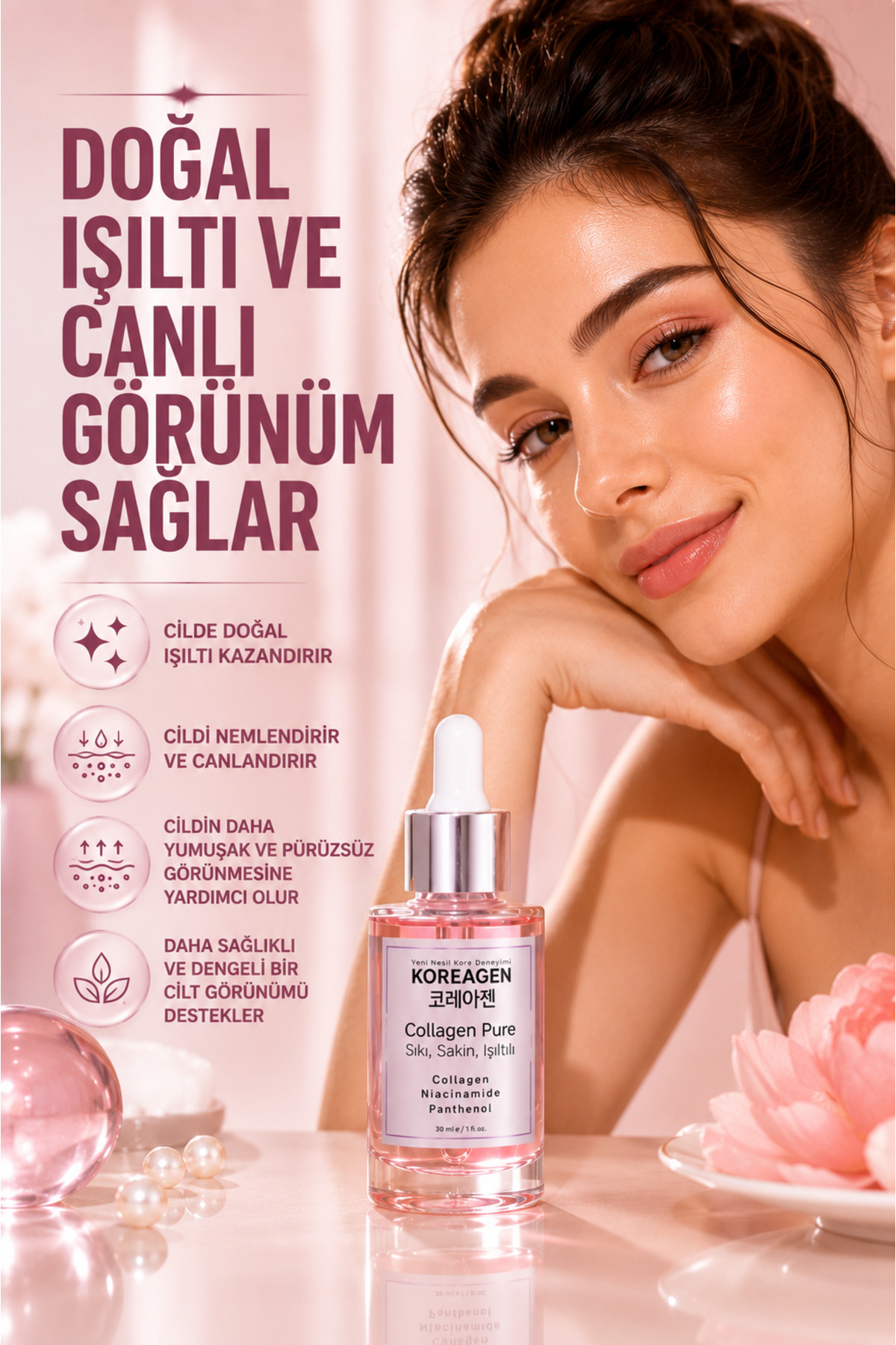 Collagen Pure Niacinamide Serum Kolajen Serum Cilt Sıkılaştırıcı Serum Cilt Tonu Eşitleyici Nemlendirici Yüz Serumu 30 ml — Collagen-001 — تصویر 3 از 5
