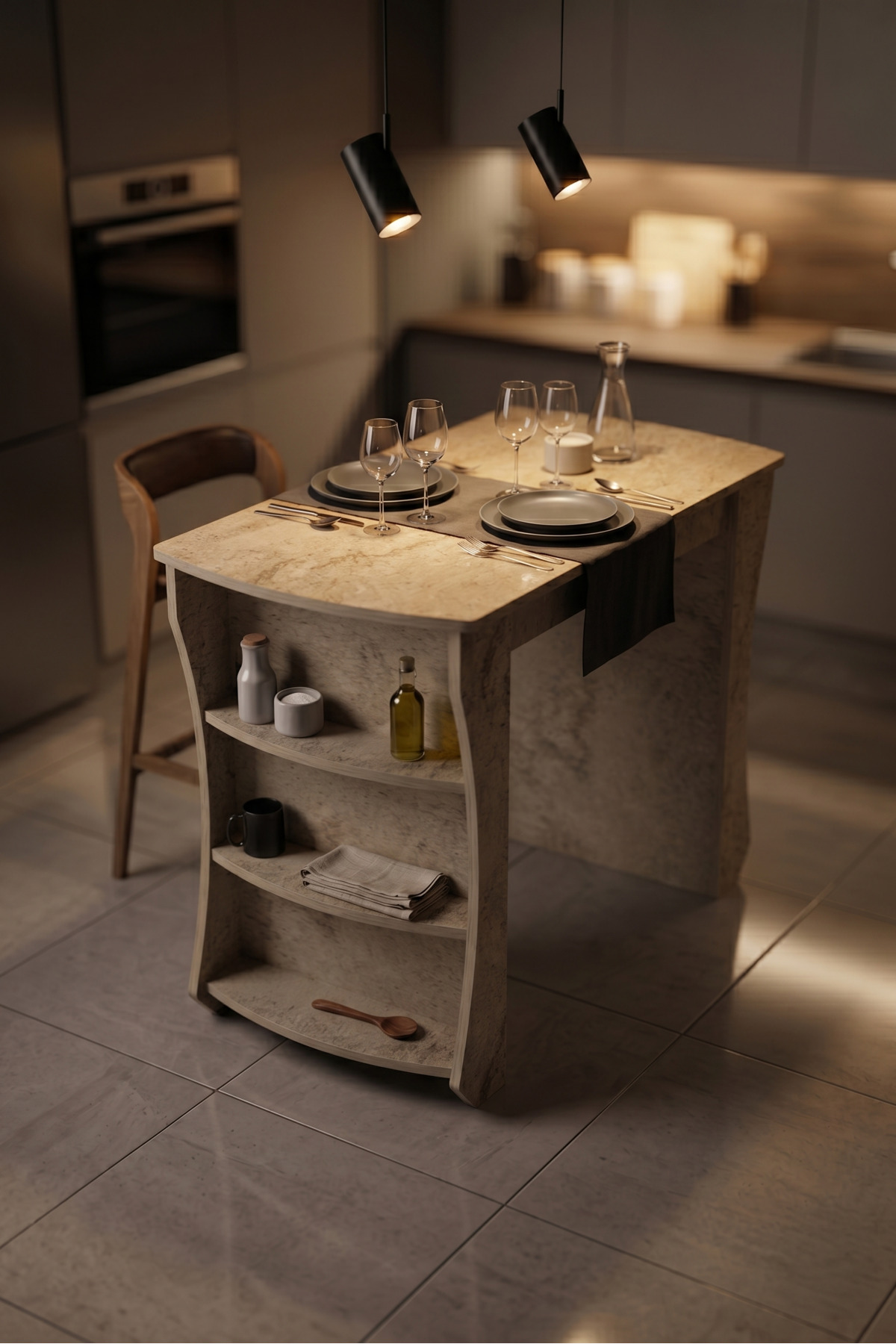 Mutfak Masası Mutfak Adası Ada Masa Bar Masası Kahvaltı Masası Raflı Çok Amaçlı Dolap Modern Masa 120x60 cm 9835 Traverten görsel 2