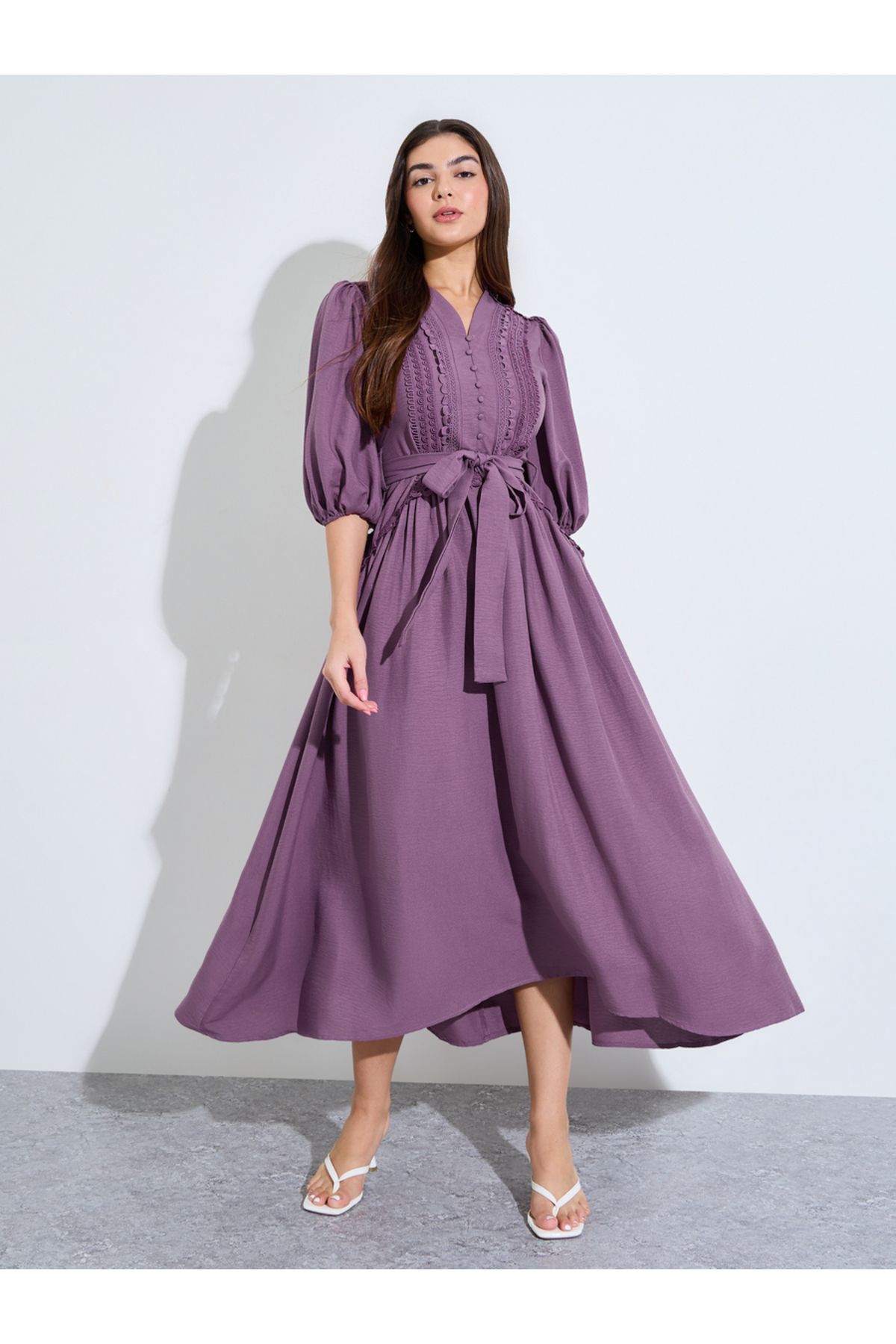 Styli Purple Lace Trim A-Line Maxi Dress