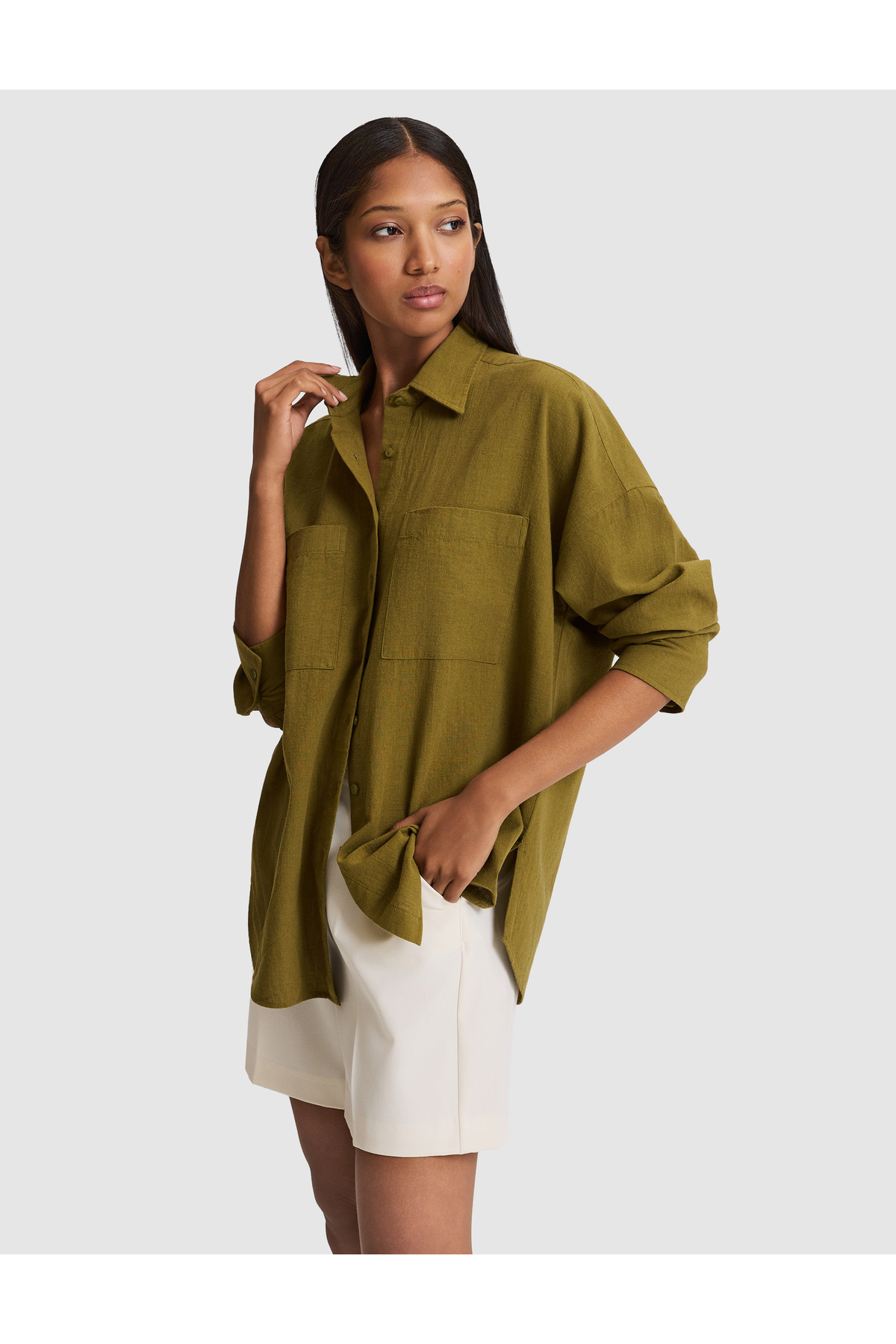 Pierre Cardin Haki Oversize Keten Karışımlı Gömlek 50328624-VR027 görsel 3