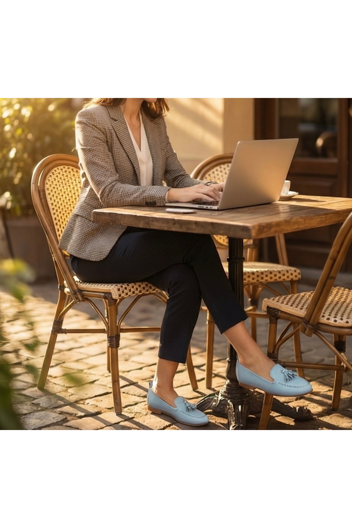 futsi shoes LUCIA Mavi Hakiki Deri Püskül Detaylı Kadın Loafer Babet görsel 4