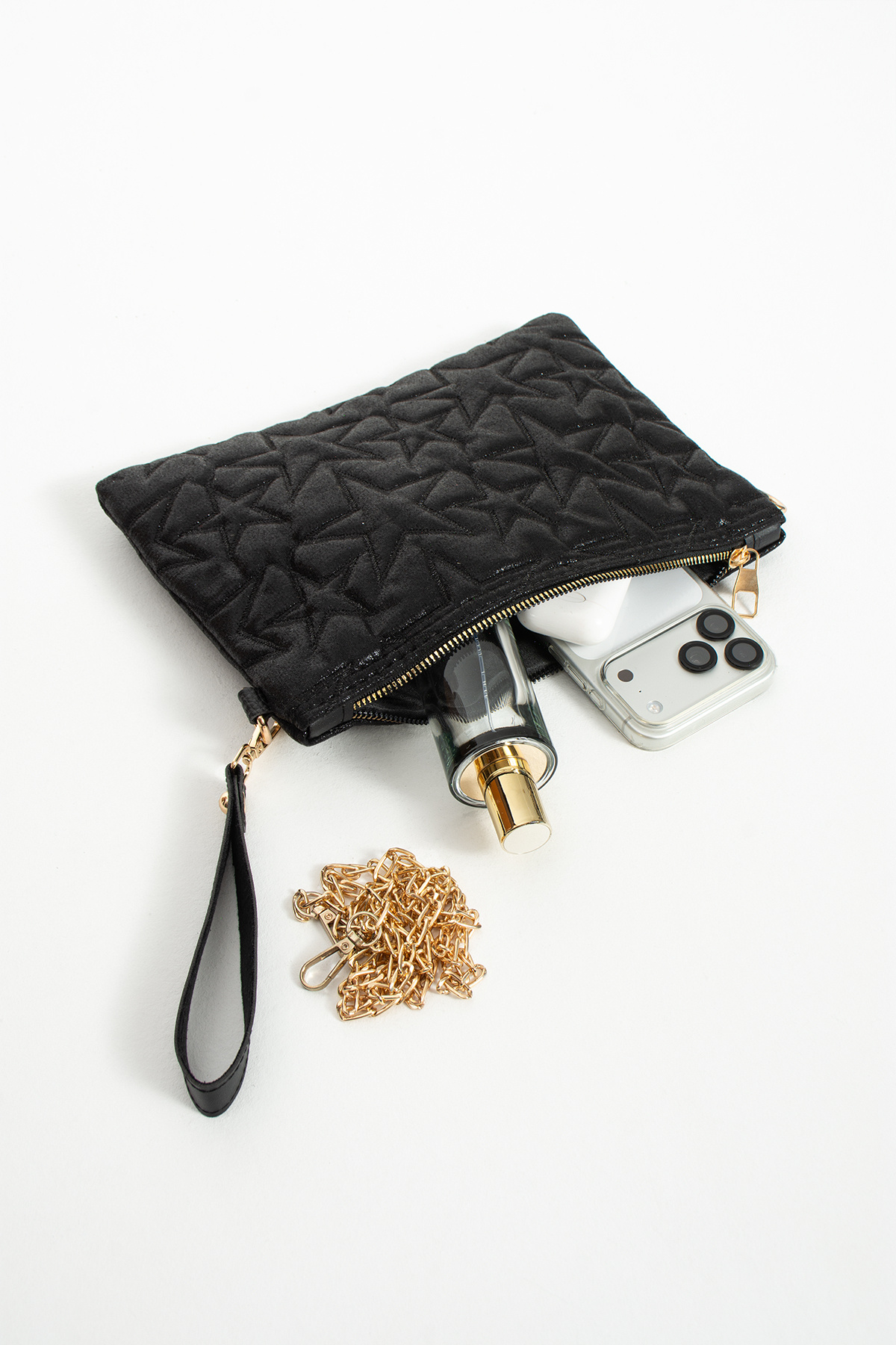 LUNABLU Yıldız Nakış İşlemeli Portföy Zincirli ve Bilek Askılı El Çantası Saten Astarlı Clutch Çanta görsel 4