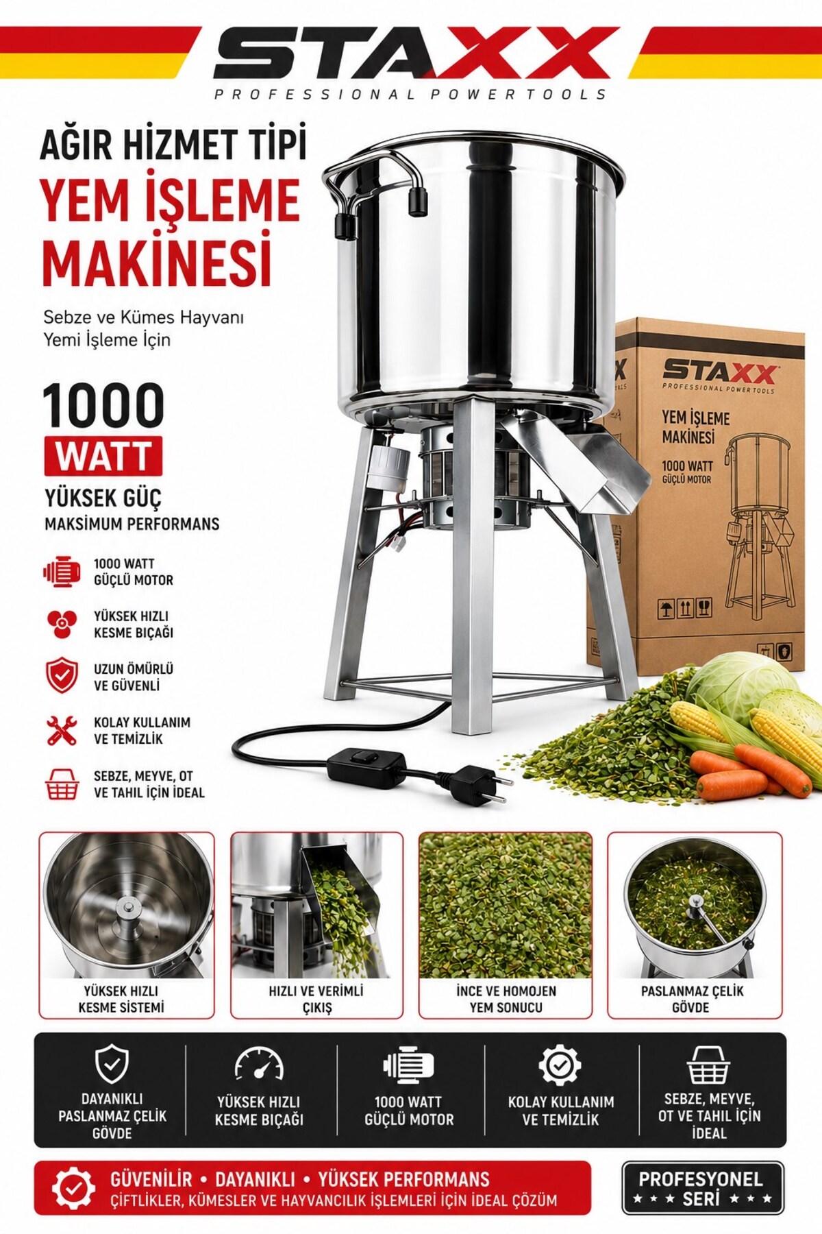 BidoluGaraj 1000 W Yem Karma Makinesi Tarhana Yapımı Sebze Parçalama Tavuk Yemi Hazırlama Paslanmaz + 4 Bıçak