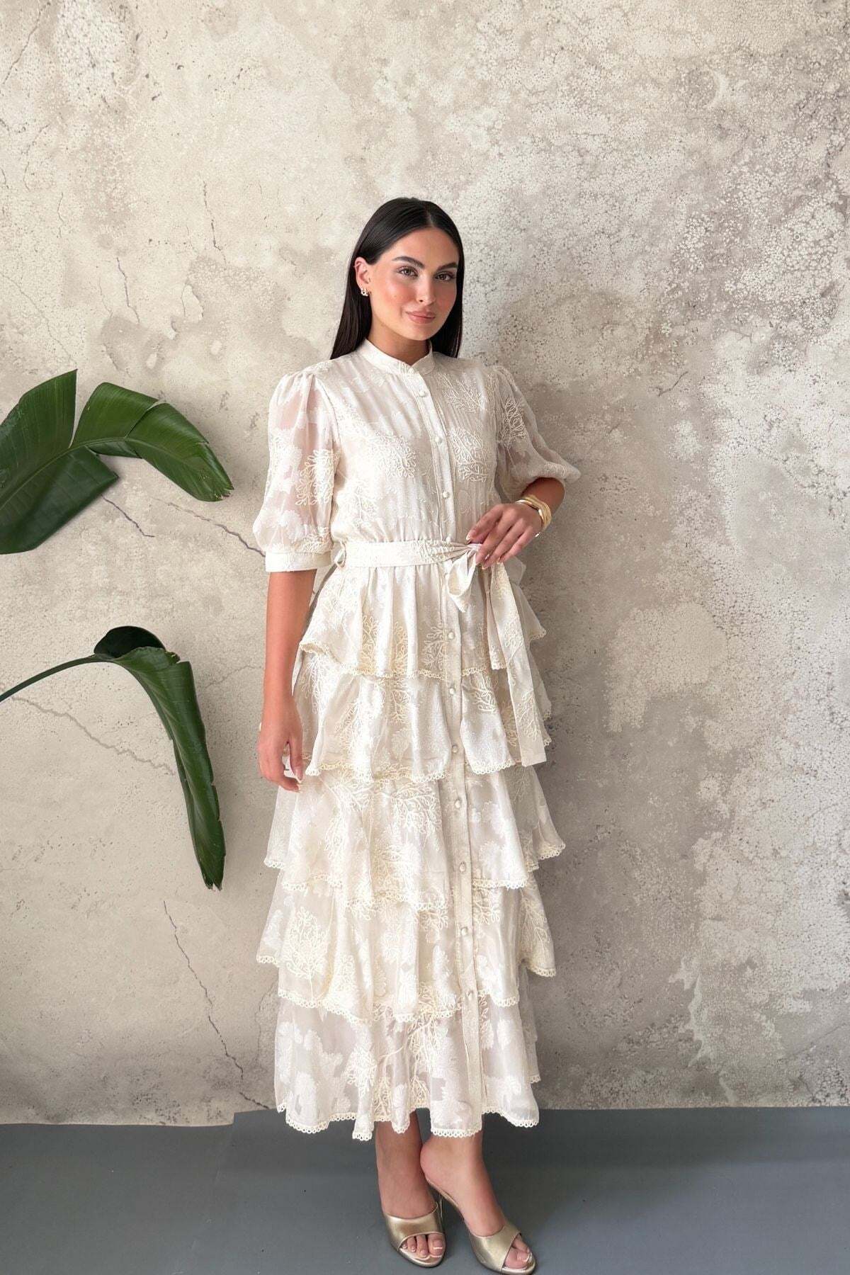 Elbee Fashion Woman Beige Layered Patterned Dress