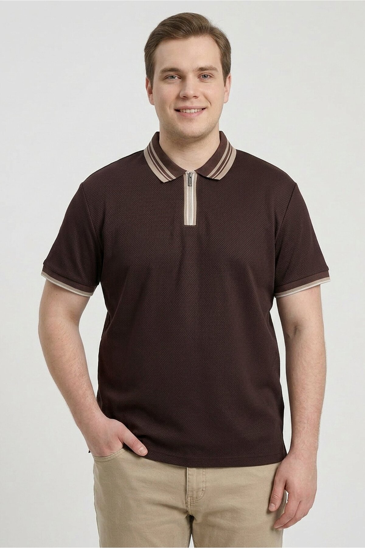 Bruno Milano Men Regular Fit Textured Short Sleeves Polo Shirt, Dark Brown