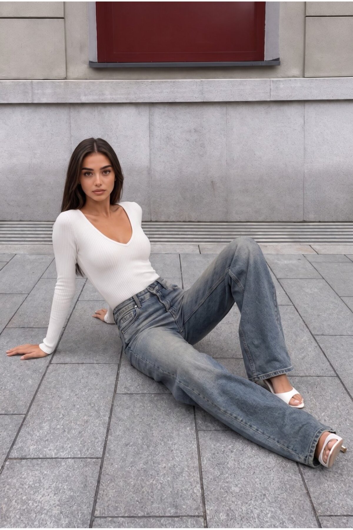 Gök Mavi Soluk Efekt Vintage Yüksek Bel Wide Leg Geniş Paça with Lycra Jeans 7