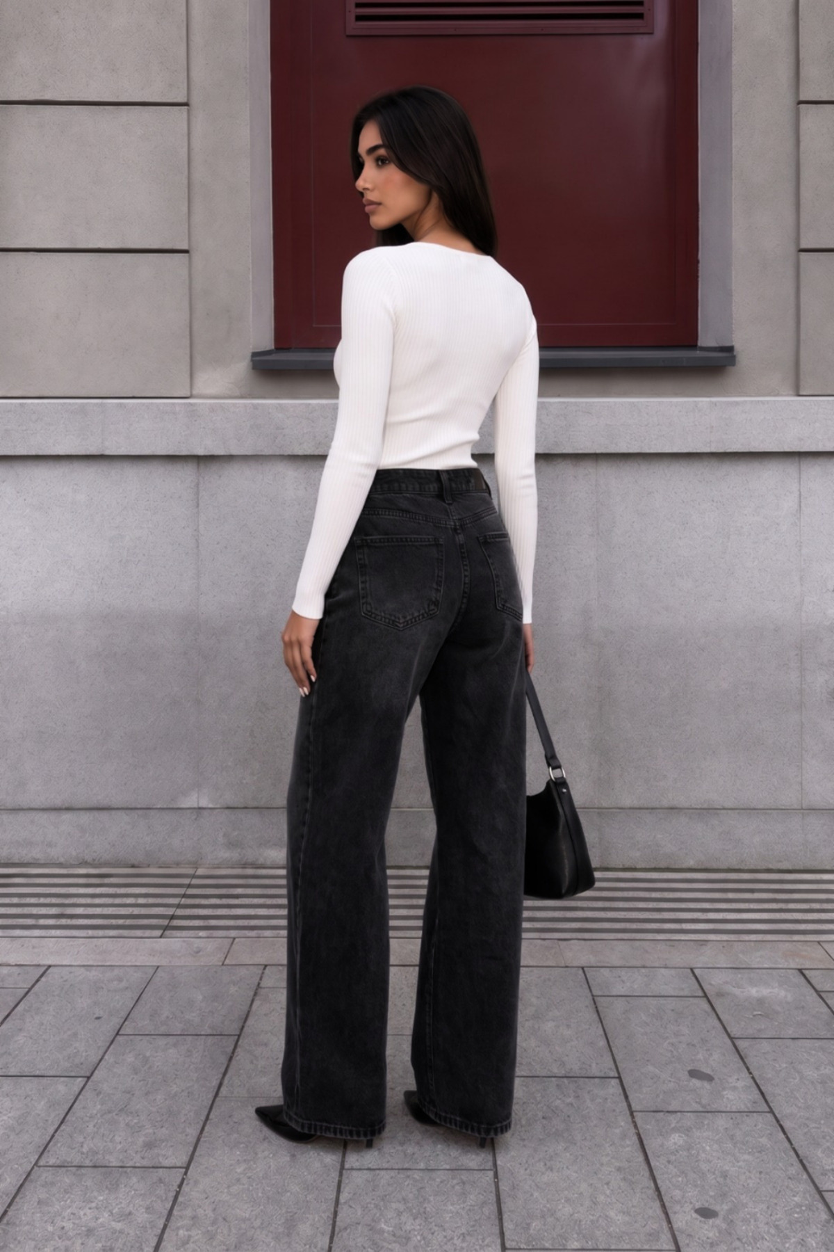 SİYAH EFEKTLİ Soluk Efekt Vintage Yüksek Bel Wide Leg Geniş Paça with Lycra Jeans 5