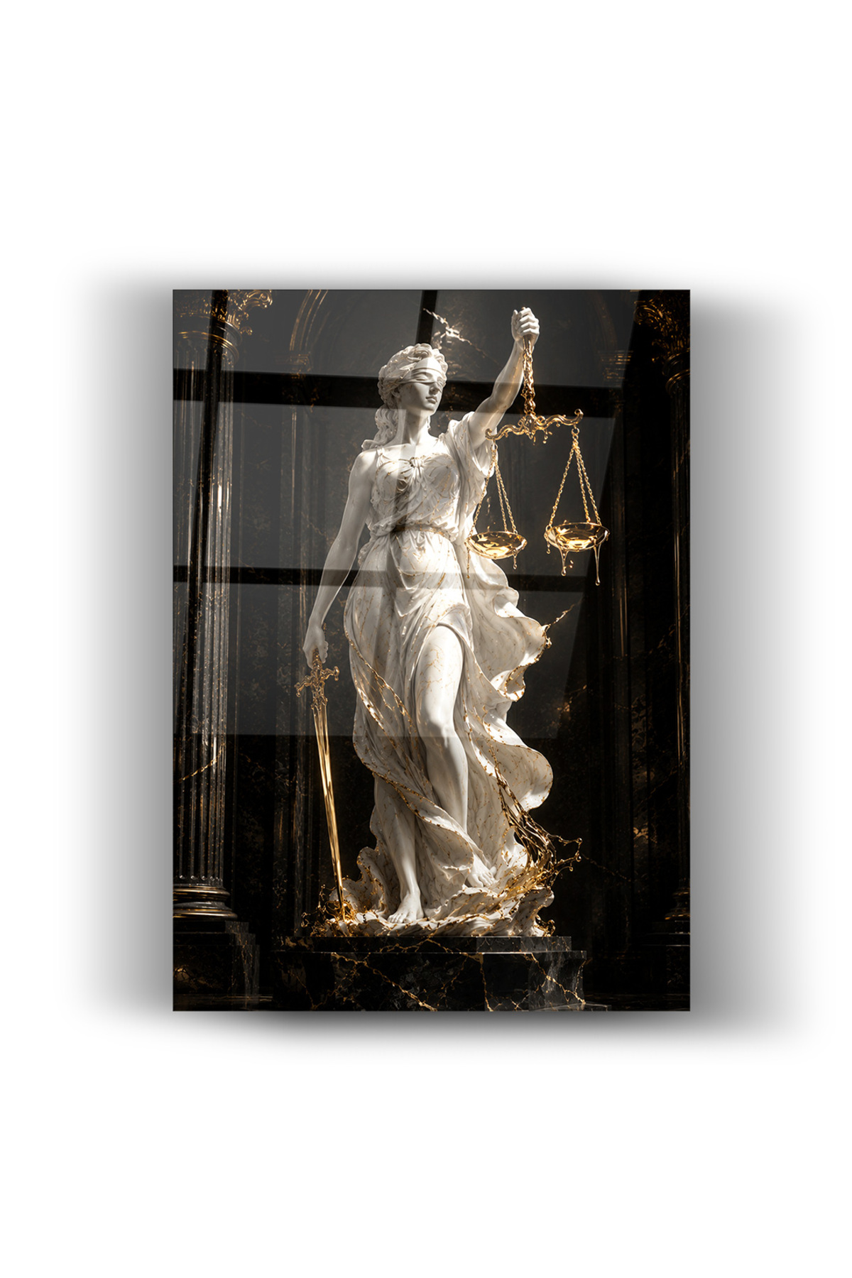 Cam Tablo Altın Detaylı Themis Adalet Heykeli ve Terazi Hukuk Temalı Duvar Dekorasyonu