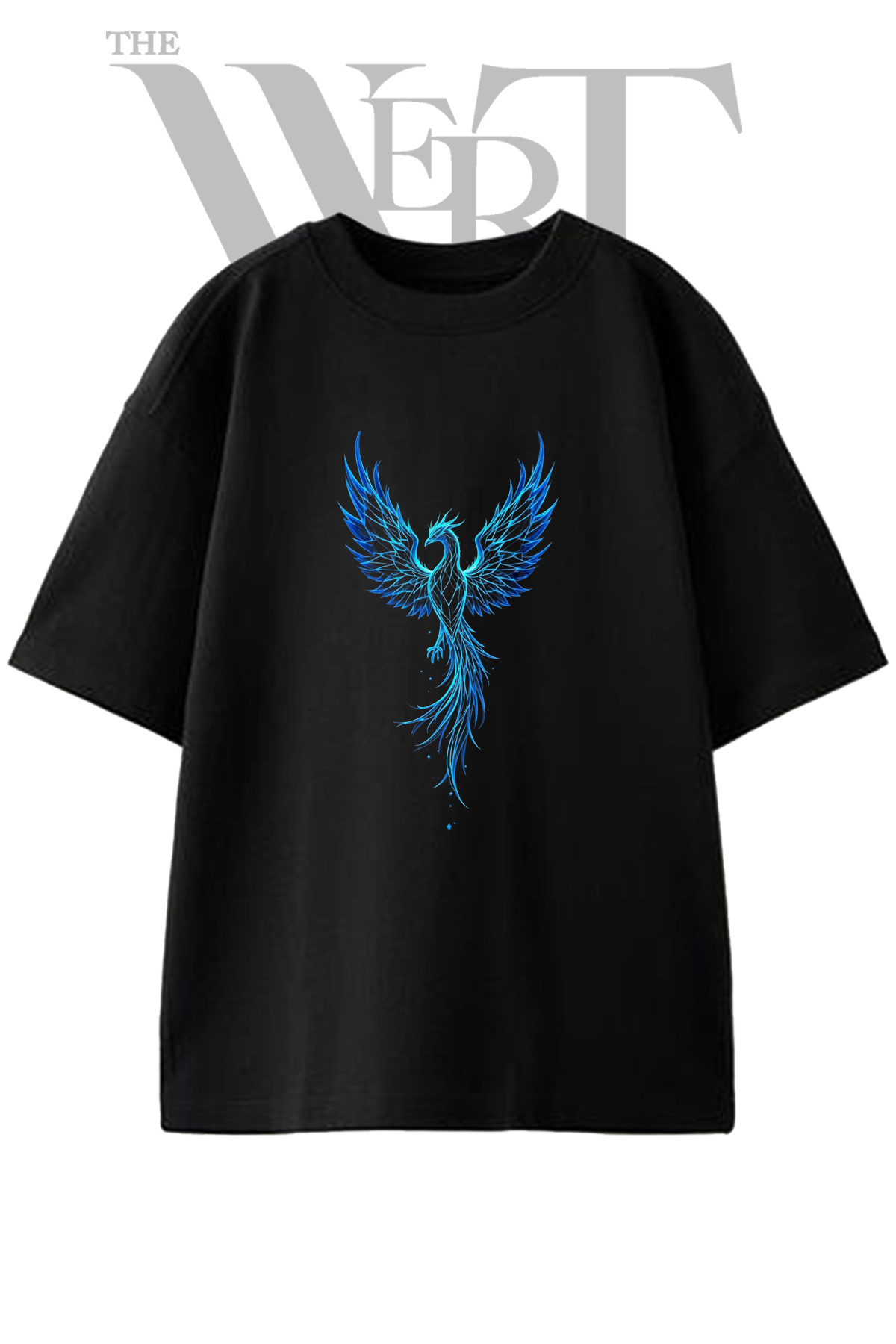 THEWERT Blue Feniks Design Printed Unisex Black Oversize T-Shirt