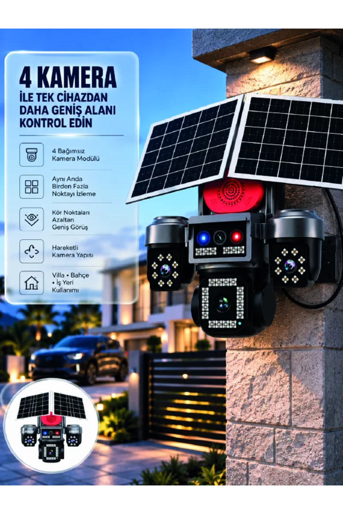 SIM Kart Destekli 4 Kameralı Akıllı Dış Mekan Güvenlik Kamerası