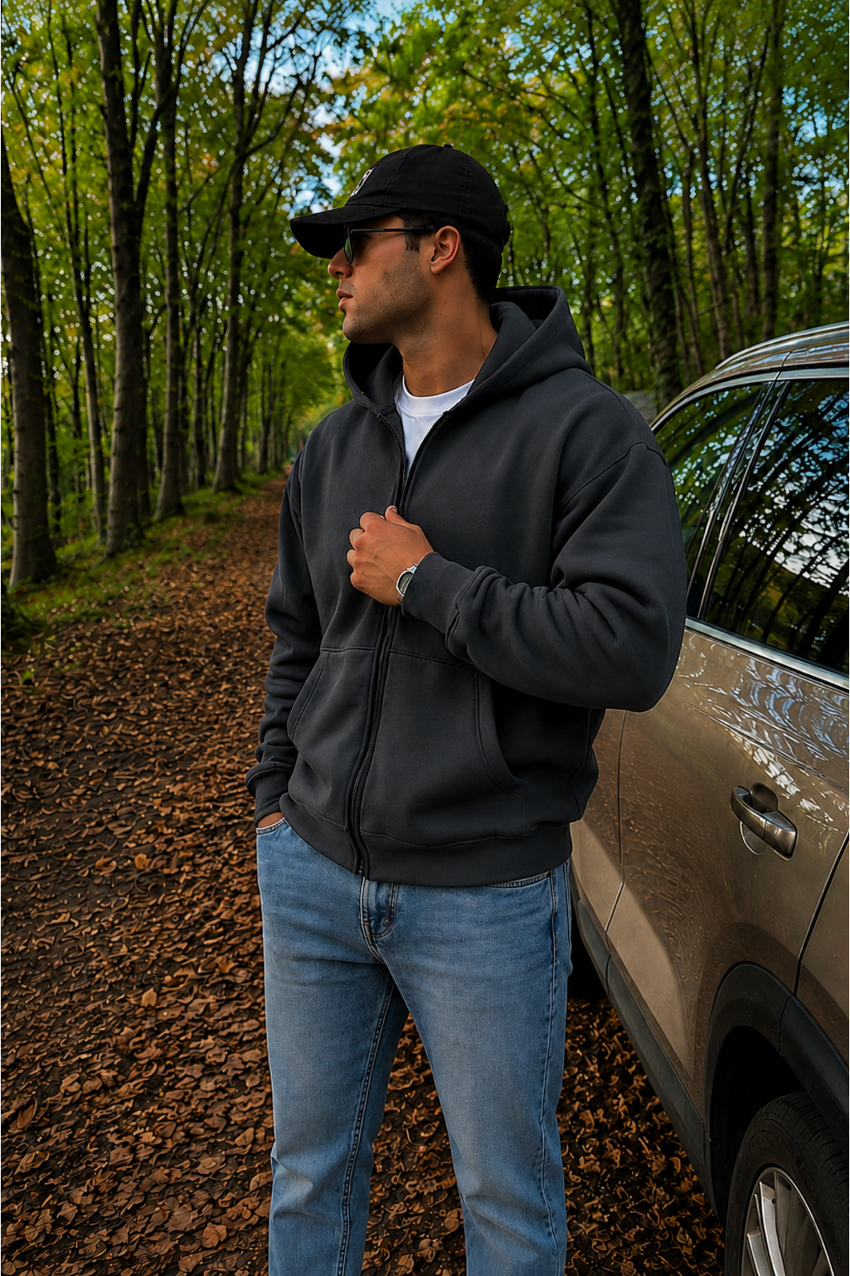 ERKEK 3 İPLİK KAPÜŞONLU OVERSIZE FERMUARLI SWEATSHIRT HIRKA — خاکستری STHRKA-0 — تصویر 2 از 5