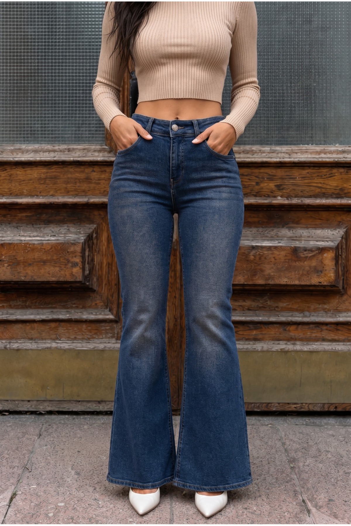 Yüksek Bel Esnek/Likralı Çan Paça Jeans Koyu Lacivert 4