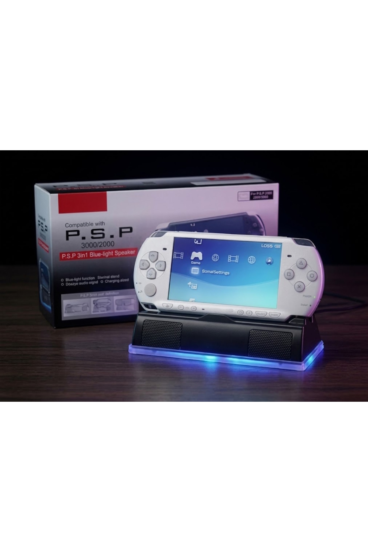WOTOBE PSP 3000/2000 Uyumlu 3in1 Mavi Led Işık Hoparlörlü Şarj