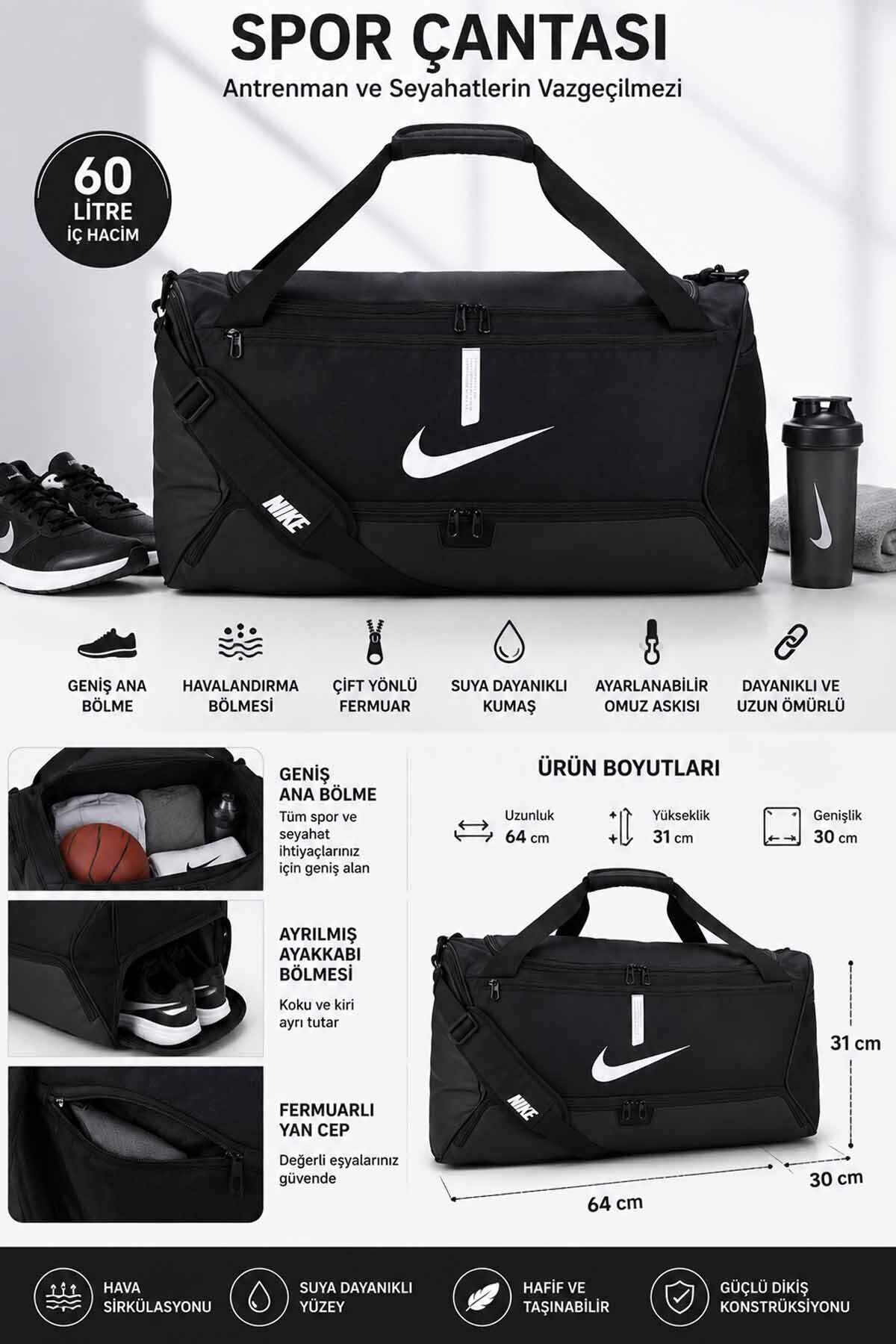 Nike Spor Çantası Antrenman Seyahat Fitness / Ayakkabı Bölmeli Omuz Askılı Spor Çantası 64x30x31 cm 60L
