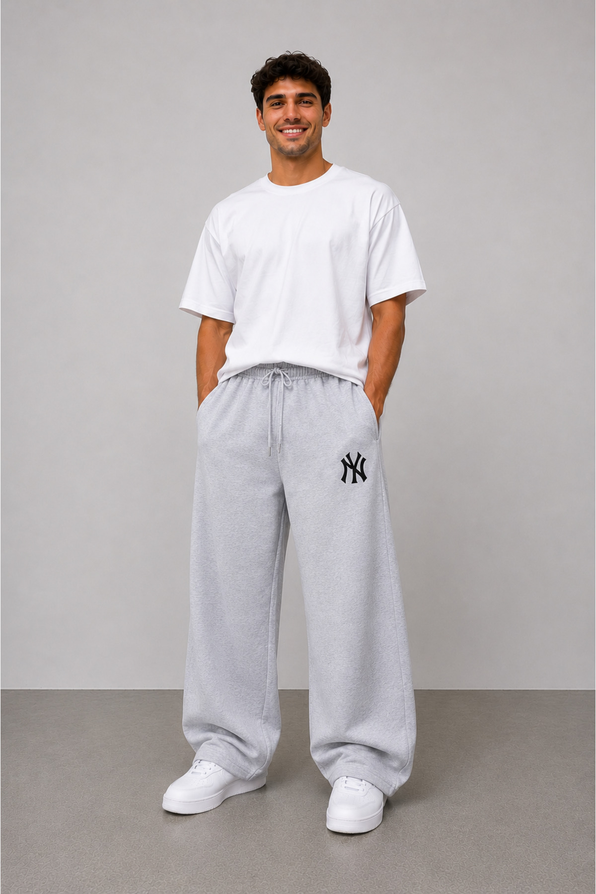 yx yustex sport 2'li Erkek NY Baskılı Eşofman Altı (Siyah-Gri) Bol Paça Oversize Kalıptır. görsel 3