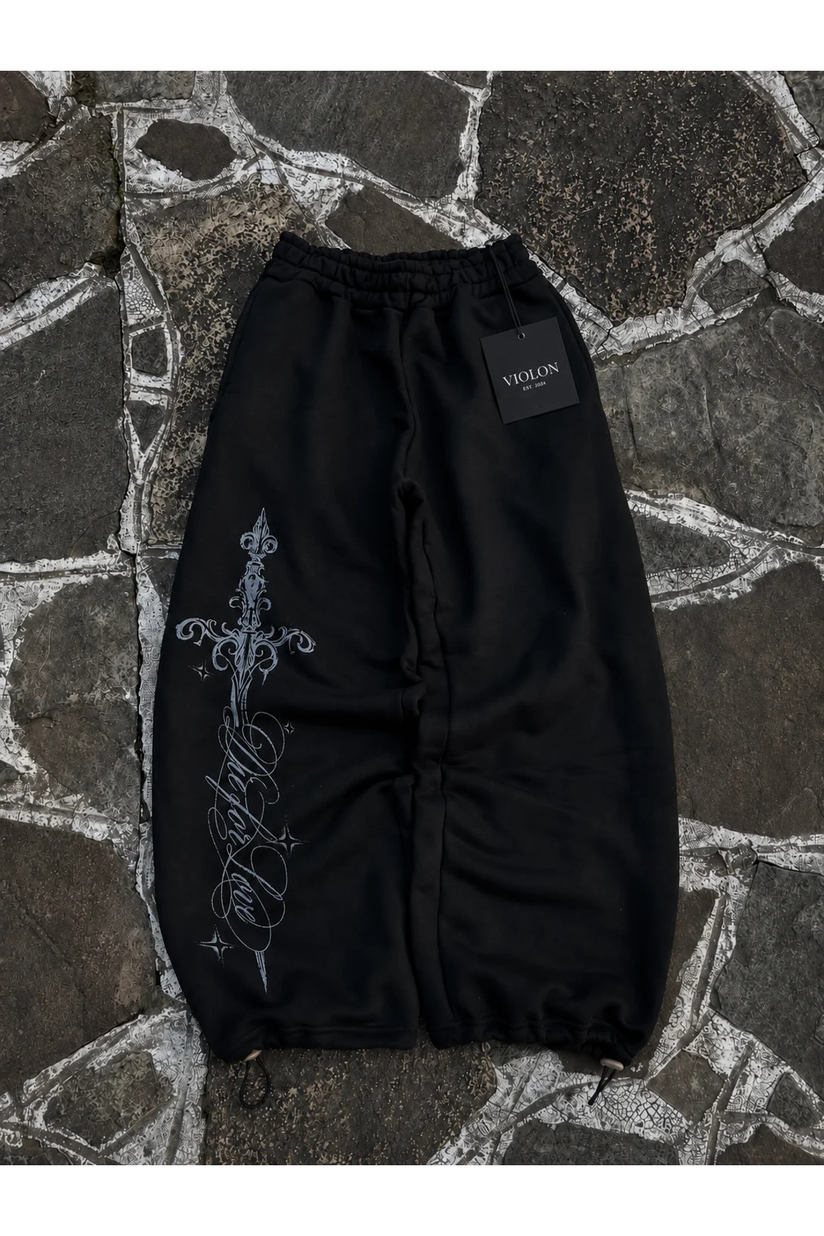 Violon Defeat Gothic Baggy Kalıp Unisex Eşofman Altı Siyah