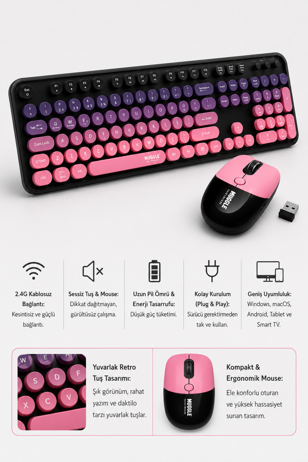 MUGGLE Kablosuz Klavye Mouse Seti - Daktilo Tarzı Yuvarlak Tuşlu