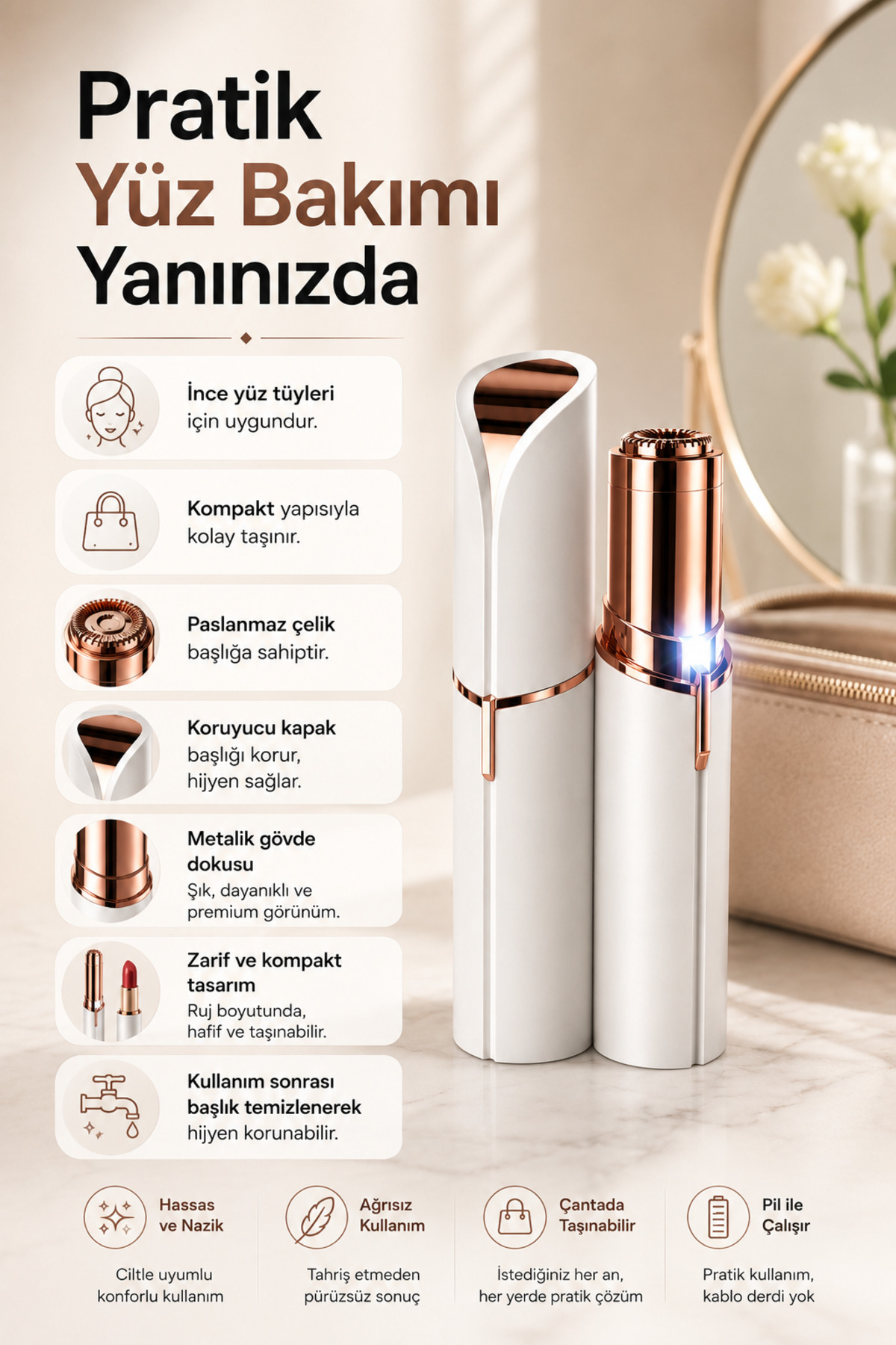 Yüz Tüy Alıcı Epilasyon Aleti Mini Kaş Bıyık Temizleme Cihazı — YZEPLSYN01 — تصویر 4 از 5