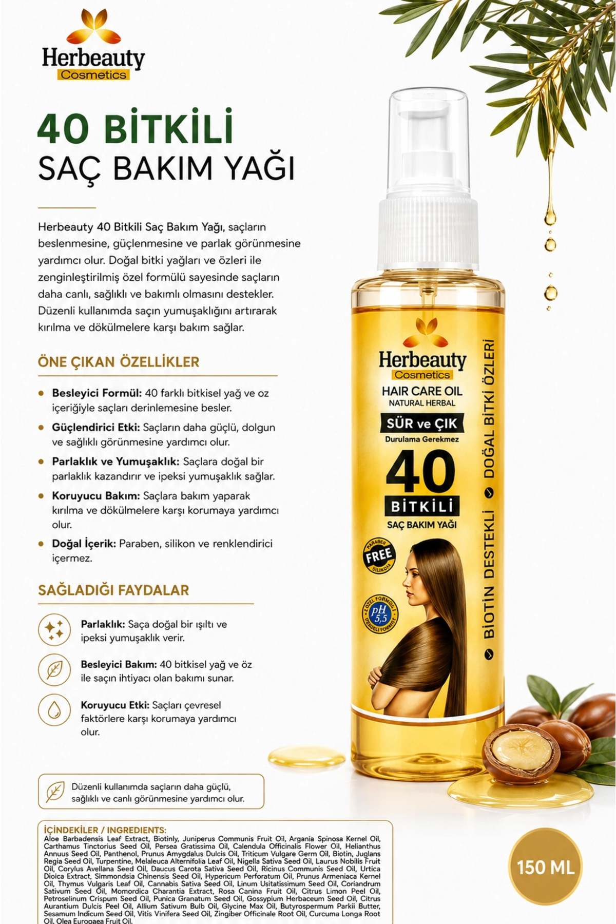 Herbeauty - روغن مراقبت از موی گیاهی ۴۰ عددی ۱۵۰ میلی‌لیتر | فرمول استفاده و استفاده، بدون نیاز به آبکشی — P6137S3868 — تصویر 2 از 3
