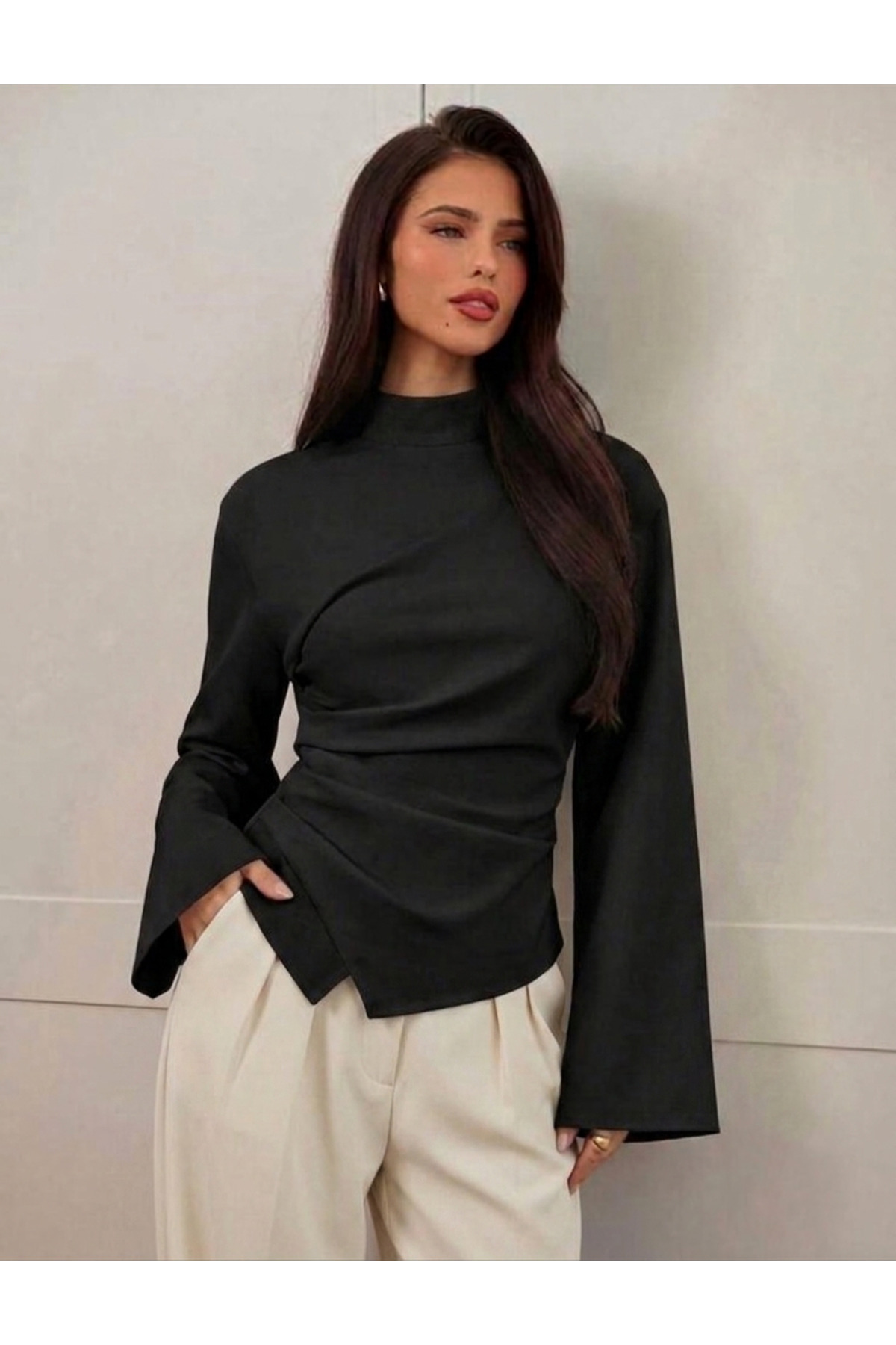 Moda Lounge Dik Yaka Drape Detaylı İspanyol Kollu Şık Bluz