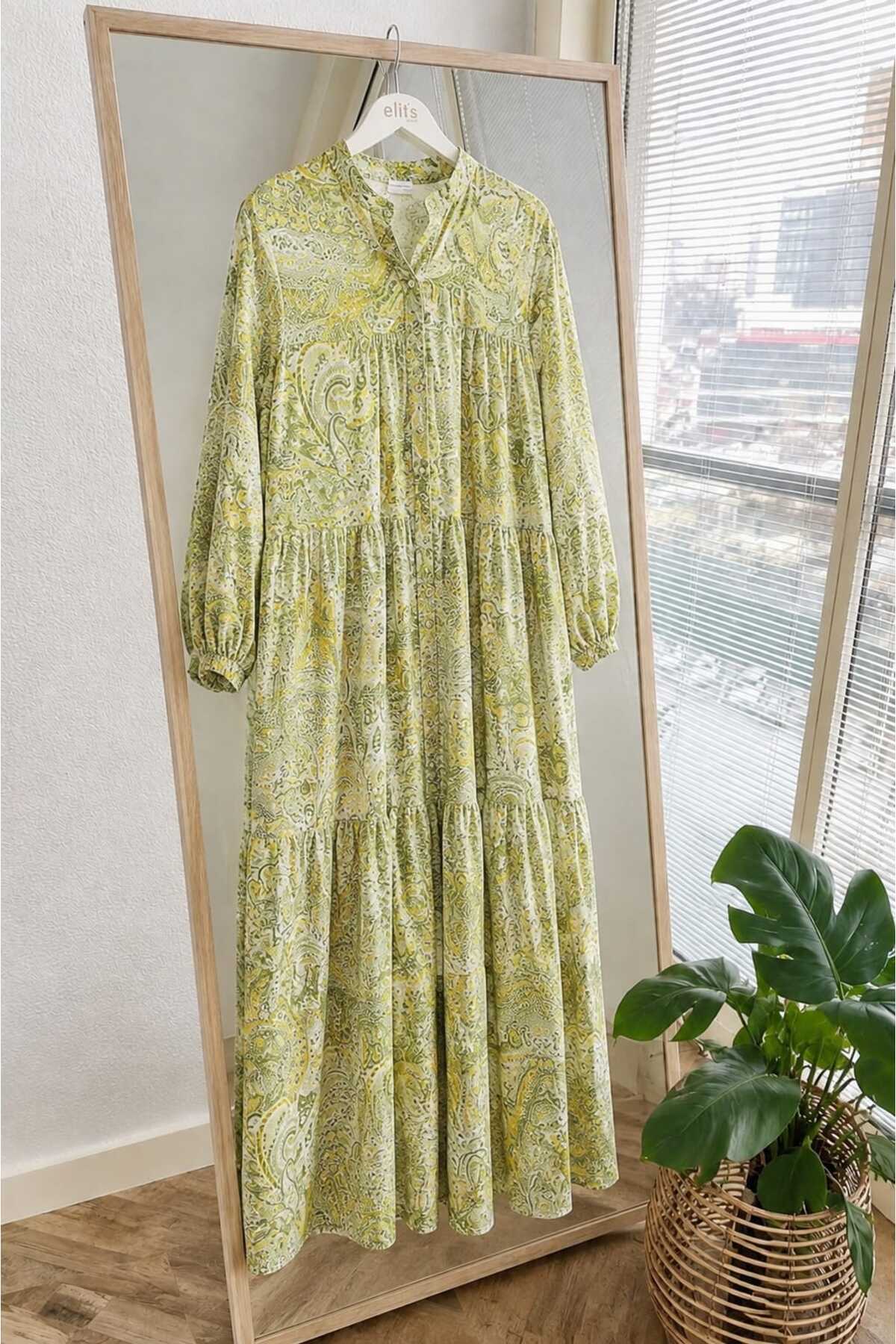 Lavanta Tekstil Shawl Pattern Long Button Detailed Dress