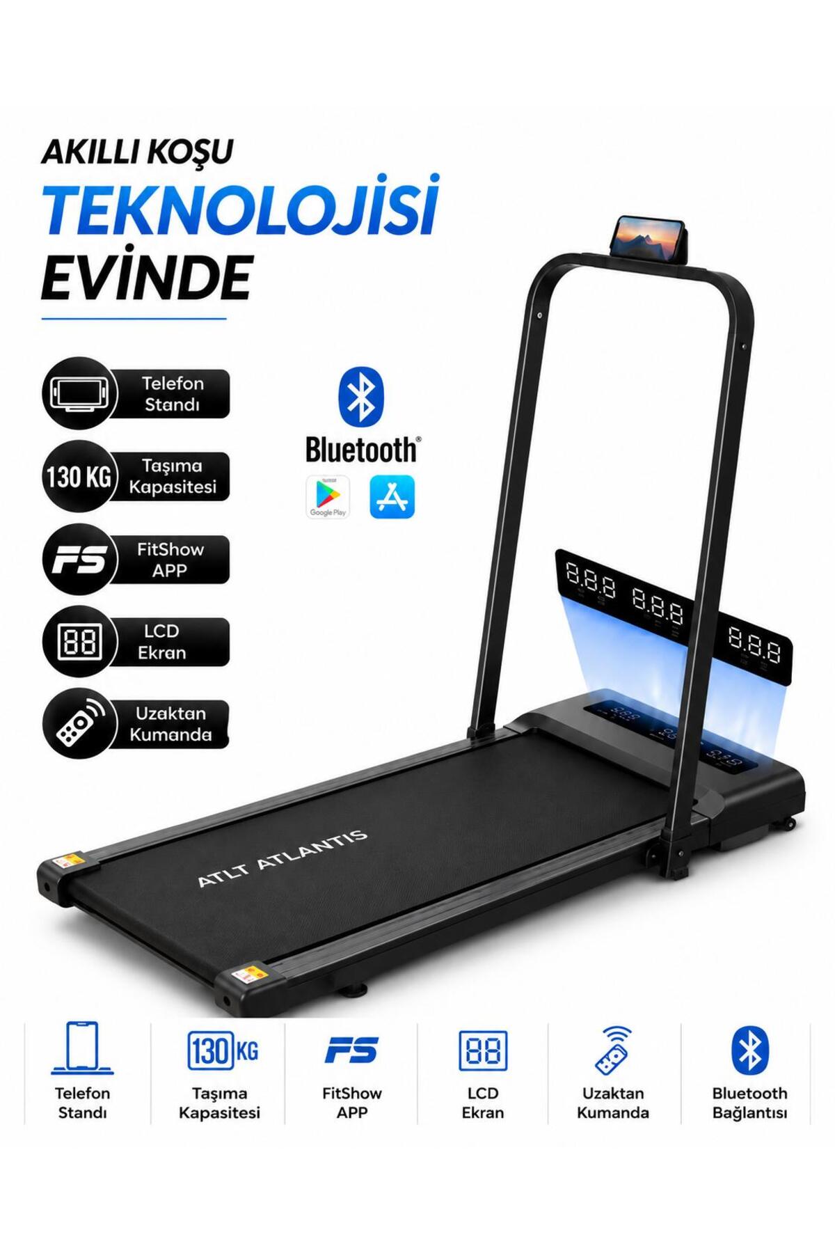 ATLT ATLANTİS 130KG Taşıma Kapasiteli Bluetoothlu Uygulamadan Ayarlanabilir Uzaktan Kumandalı Yürüme ve koşu bandı EV OFİS YAZLIK SAĞLIKLI YAŞAM SPOR GYM FİTNNES
