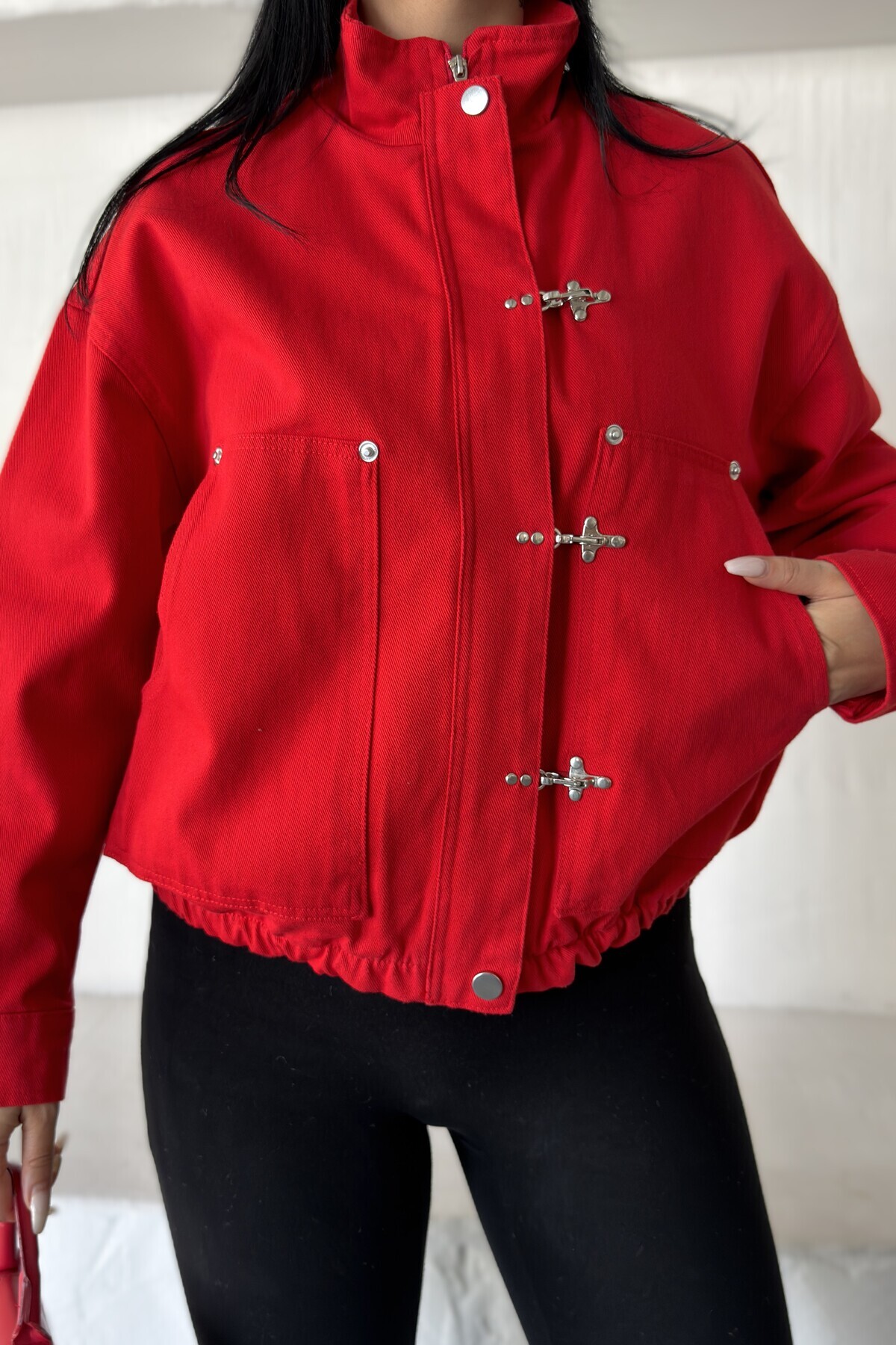 moda armanc Kadın Japon Ceket ZR Yeni Sezon Metal Süslü Düğmeli Oversize Relaxed Fit Bomber Ceket görsel 5