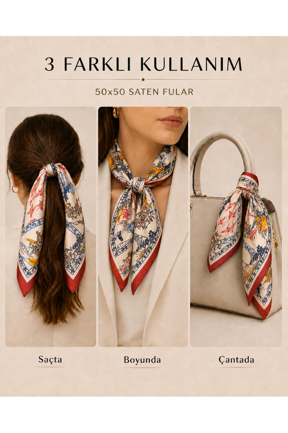 OUS Kadın Turna ve Manzara Desenli 50x50 cm Saten Fular, Kırmızı Kenarlı İpeksi Dokulu Kare Boyun Saç ve Çanta Aksesuarı görsel 2