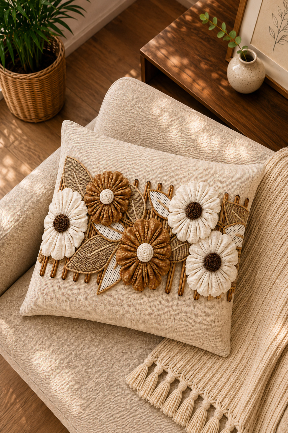 Dijital Baskılı Dekoratif Kırlent Kılıfı 43x43 cm – Modern Desenli Keten Dokulu