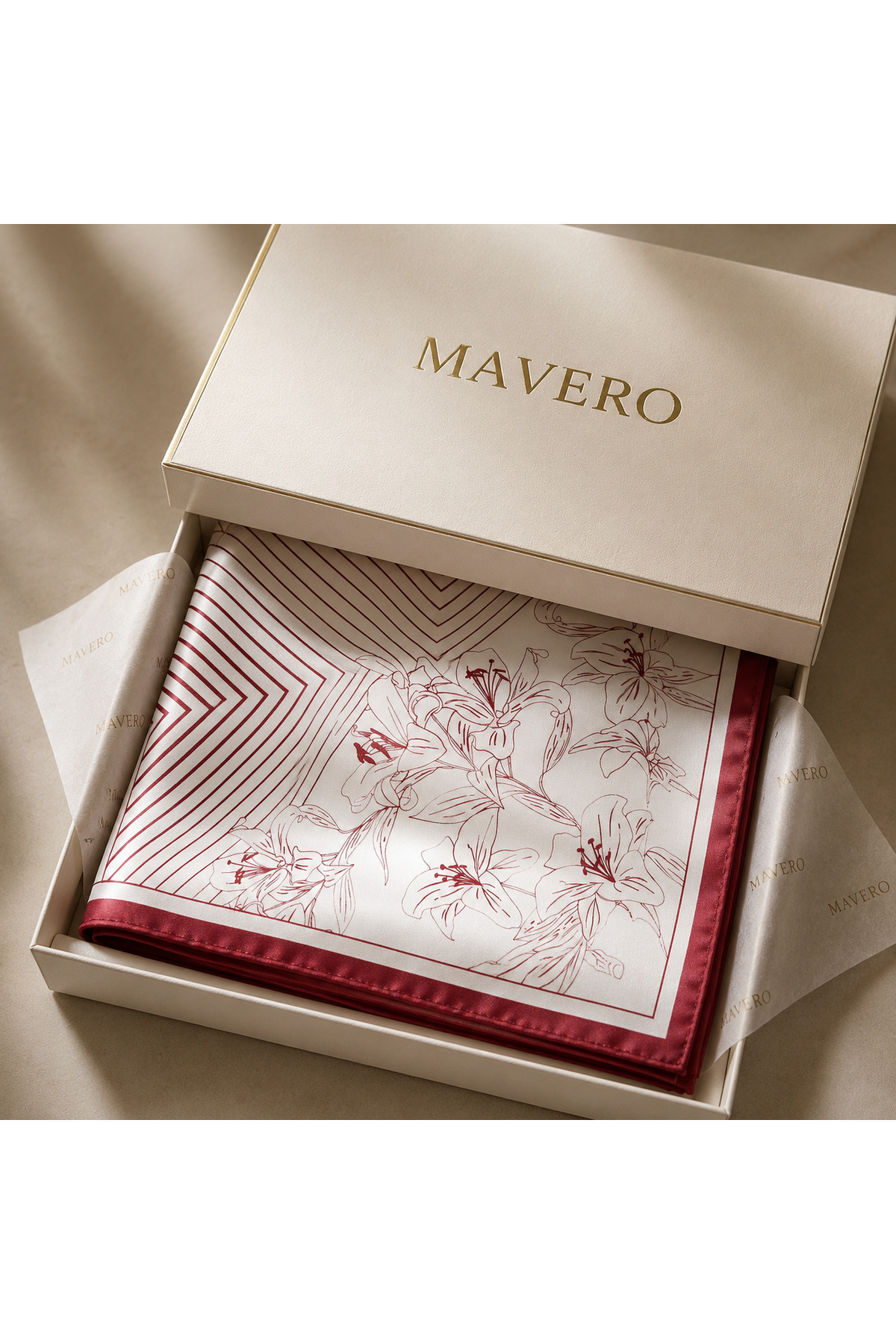 Mavero Kadın Fular 50x50 cm Çiçek Desenli Beyaz Kırmızı Şık Boyun ve Çanta Aksesuarı