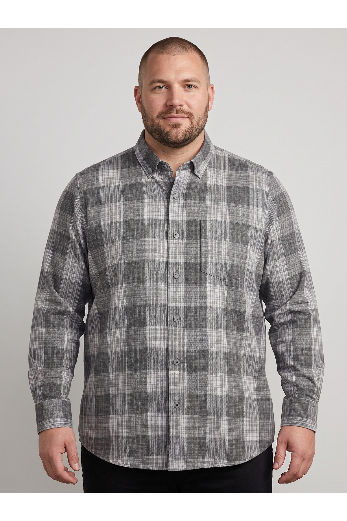 secret touch Büyük Beden Erkek Uzun Kollu Kareli Tek Cepli Battal Boy Gömlek (2XL - 3XL - 4XL)