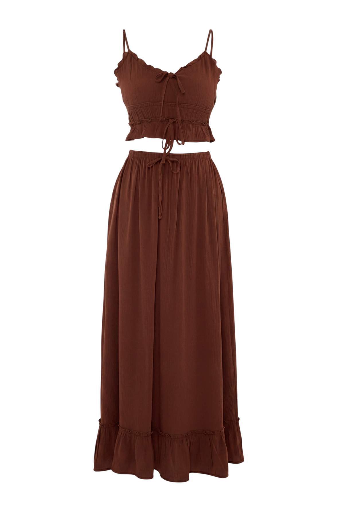 Braunes gewebtes Maxi-Strand-Blusenrock-Set mit Schleife und hoher Taille TBESS25AU00110