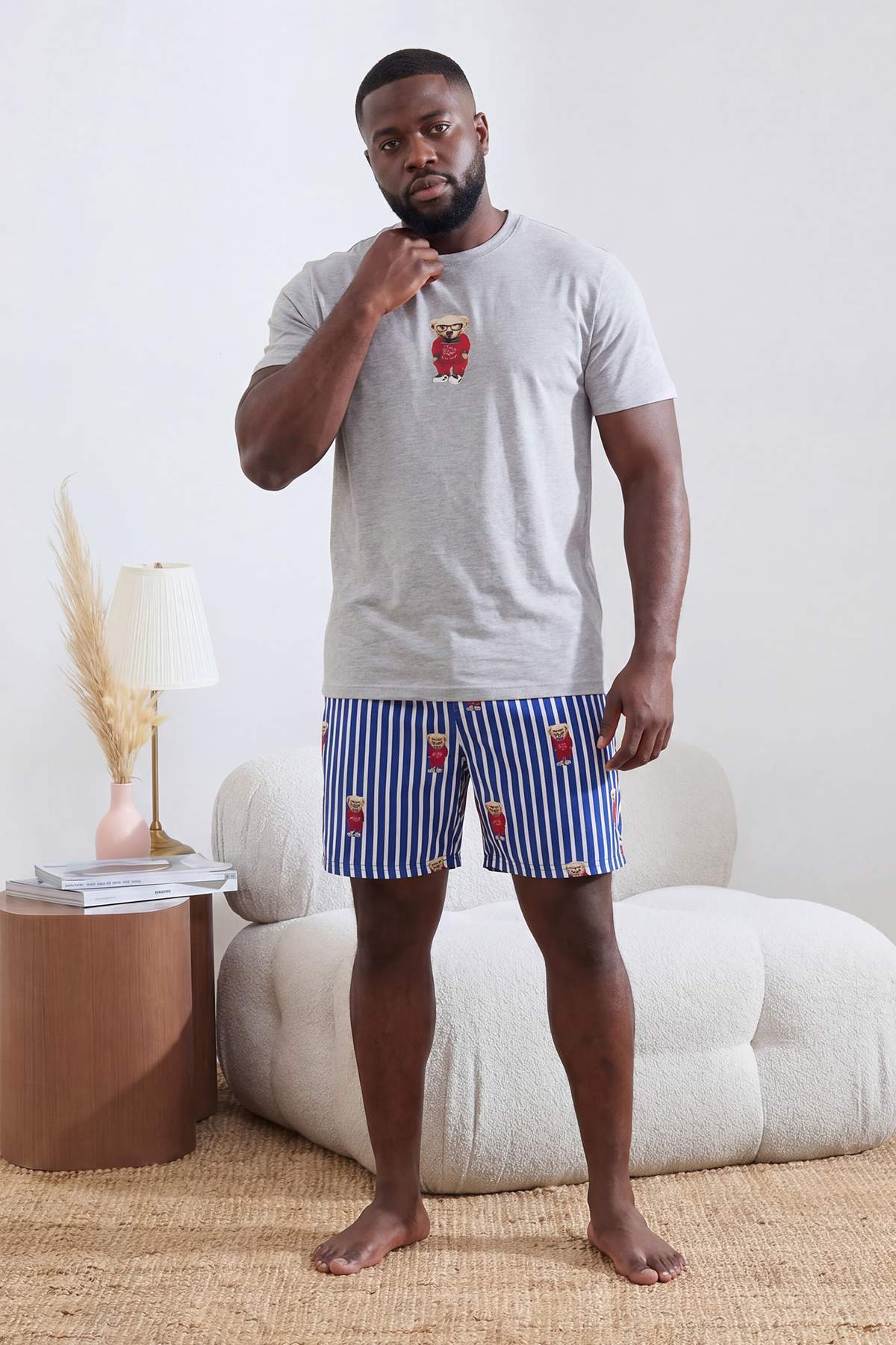 Trendyolmilla Man Büyük Beden Gri Regular Kesim Çizgili Ayıcık Desenli Örme Pijama Takımı TMNSS26AI00004