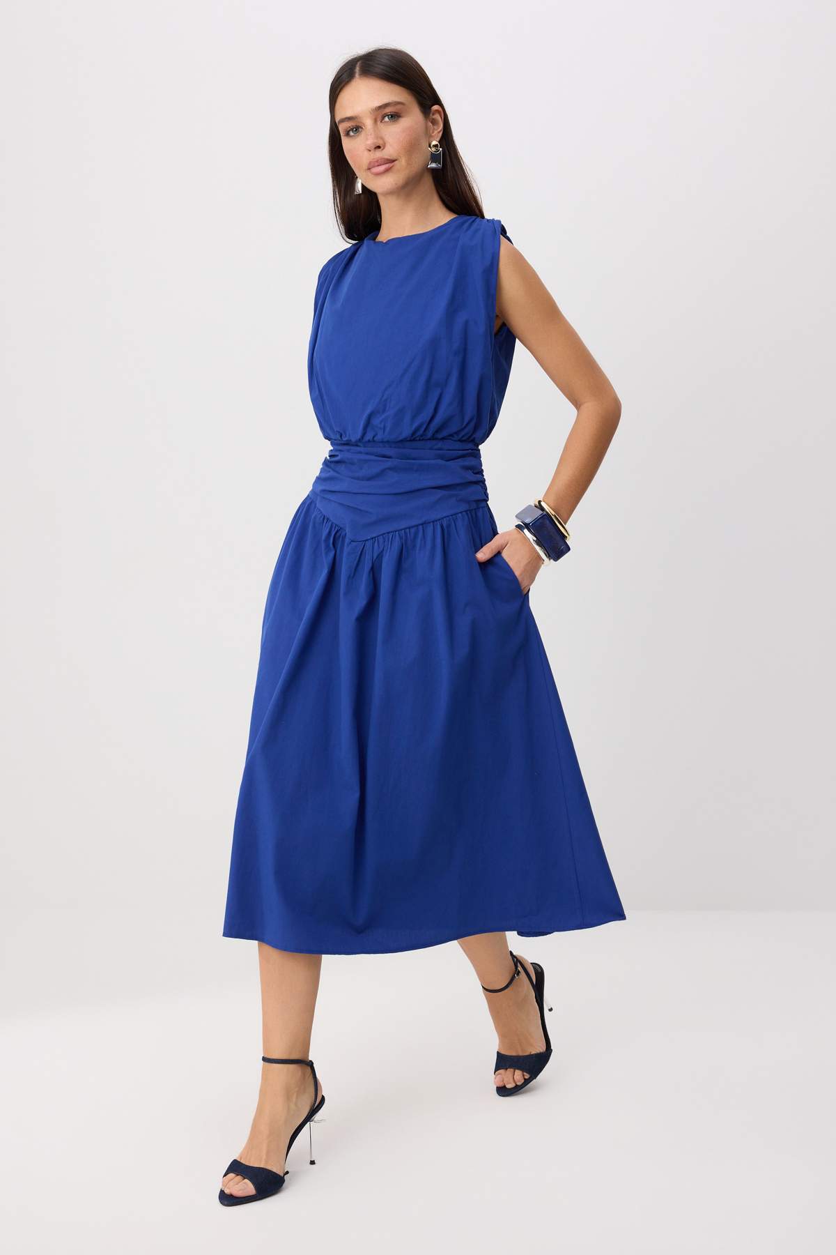 Trendyolmilla Lacivert Poplin Korsaj Detaylı Midi Dokuma Elbise TWOSS26EL00521