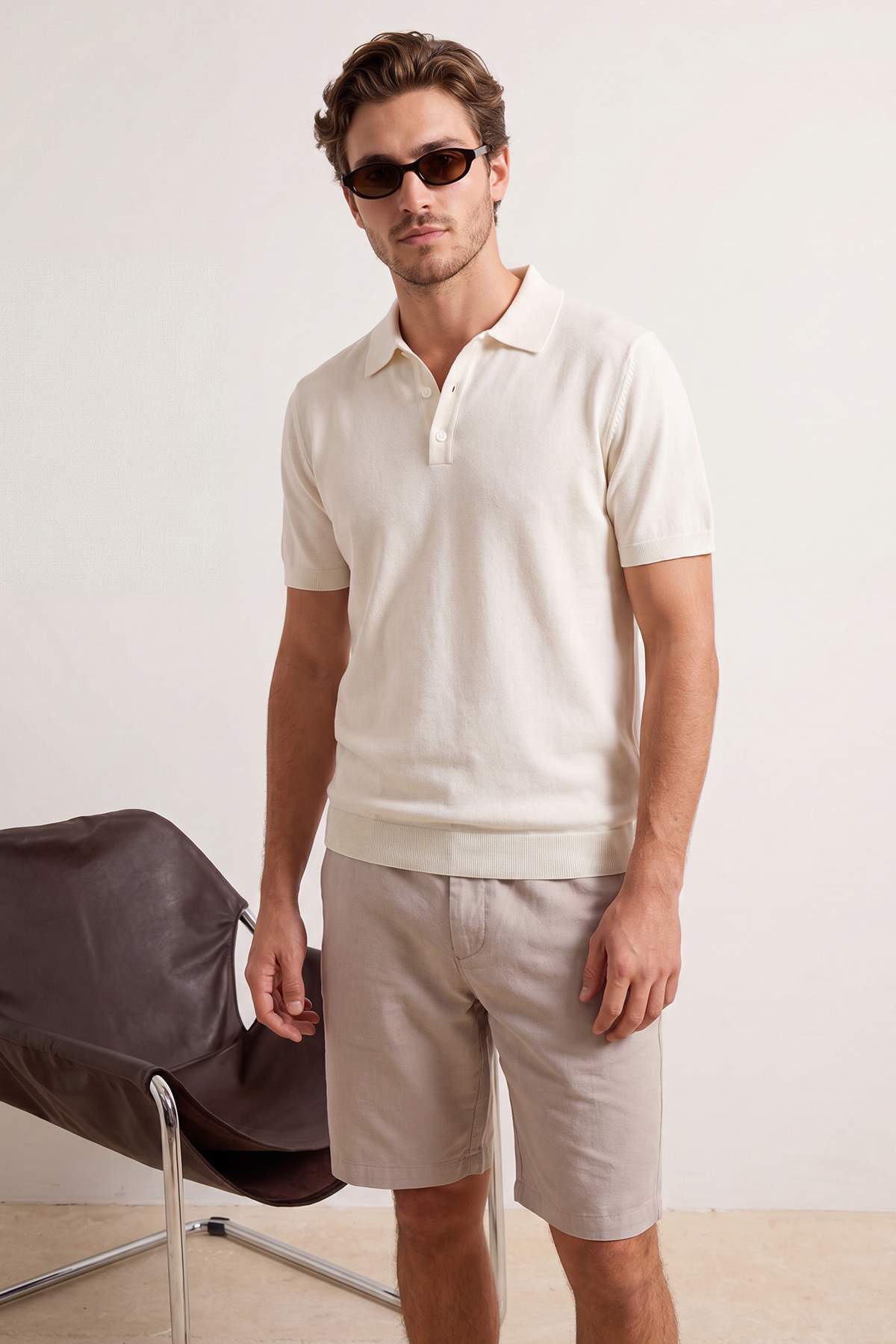 Trendyolmilla Man Ekru Regular/Normal Kesim Özel İplik Premium Basic Triko Polo Yaka T-shirt TMNSS26PO00044