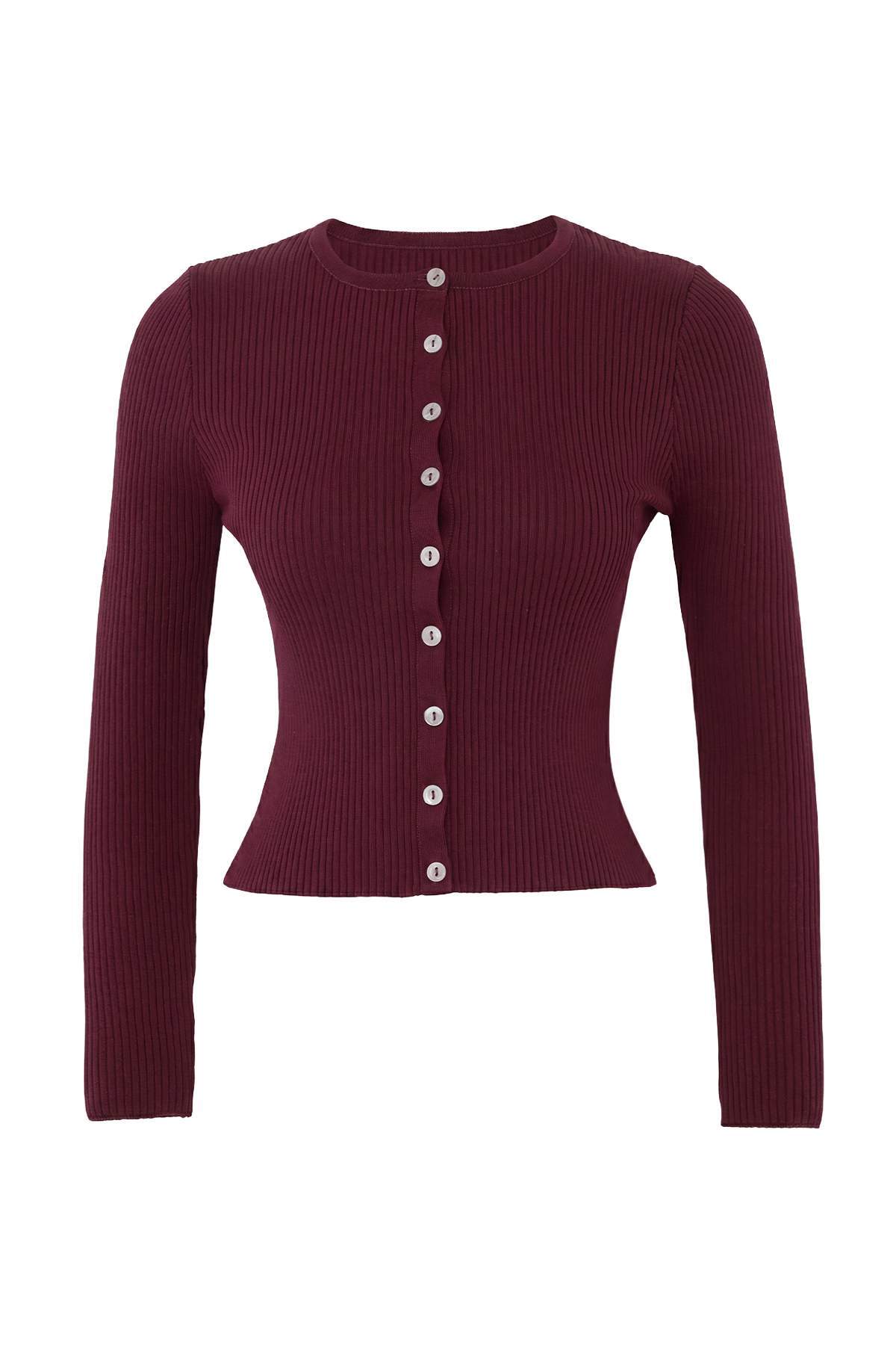 Trendyolmilla Wardrobe Essentials Bordo Merserize Görünümlü Fitilli Triko Hırka TWOAW26HI00118