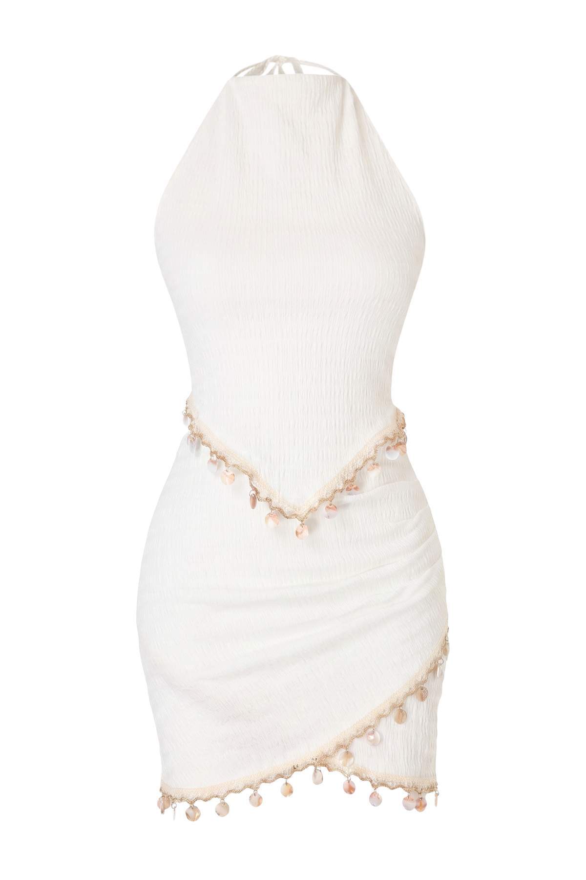 Trendyolmilla Ekru Örme Mini Halter Yaka Plaj Bluz Etek Takım TBESS26AU00092