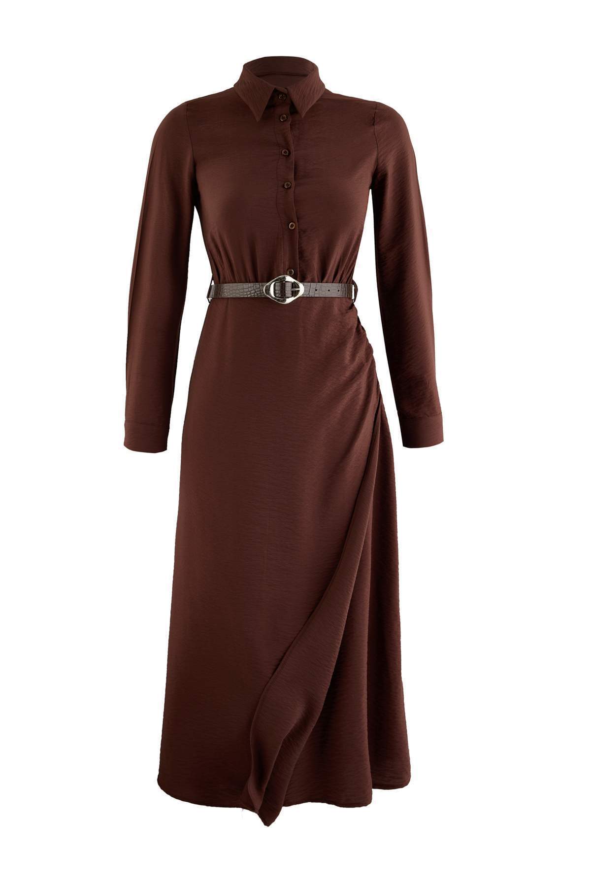 Trendyolmilla Kahverengi Gömlek Yaka Shift/Düz Kesim Maxi Dokuma Elbise TCTSS26EL00001
